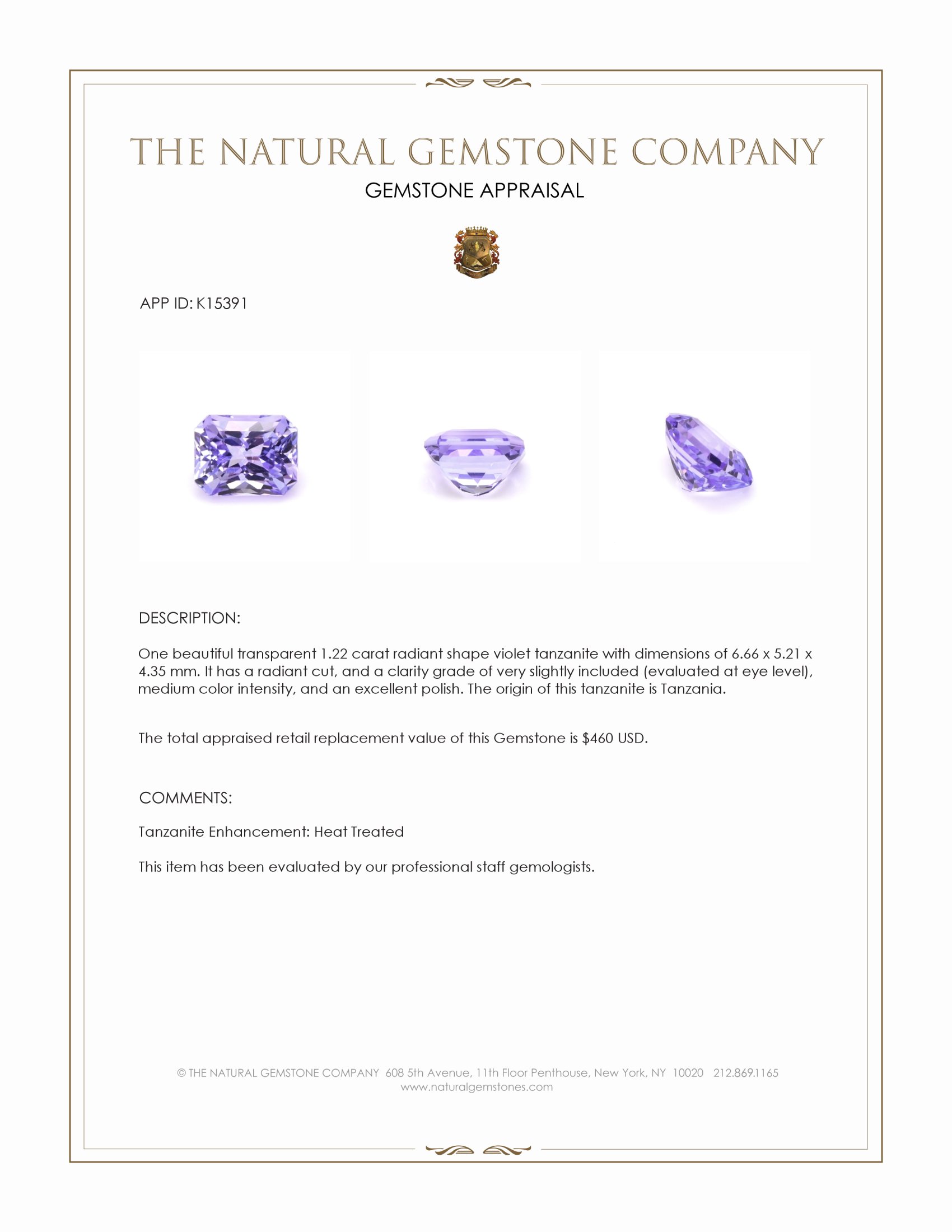 1.22 Ct. Tanzanite from Tanzania