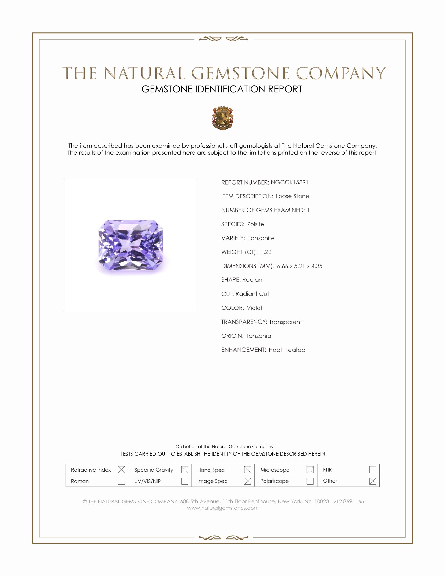 1.22 Ct. Violet Tanzanite from Tanzania