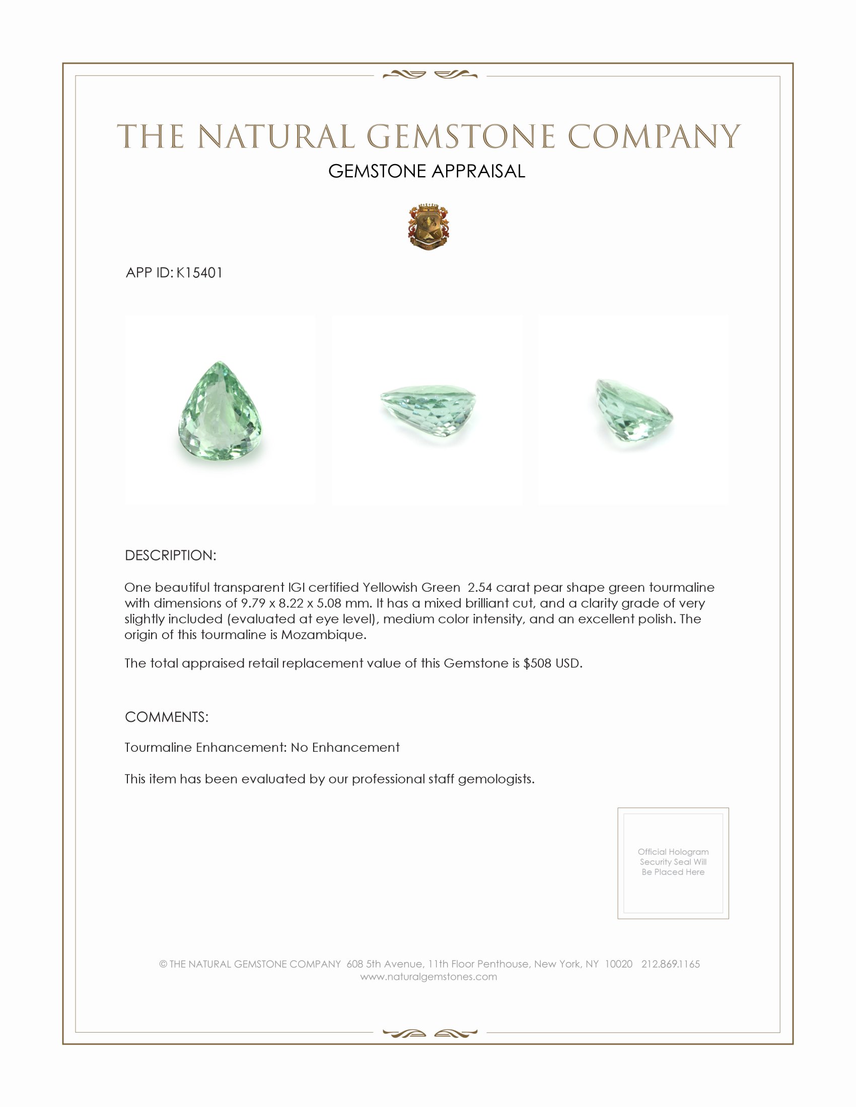 2.54 Ct. Green Tourmaline from Mozambique
