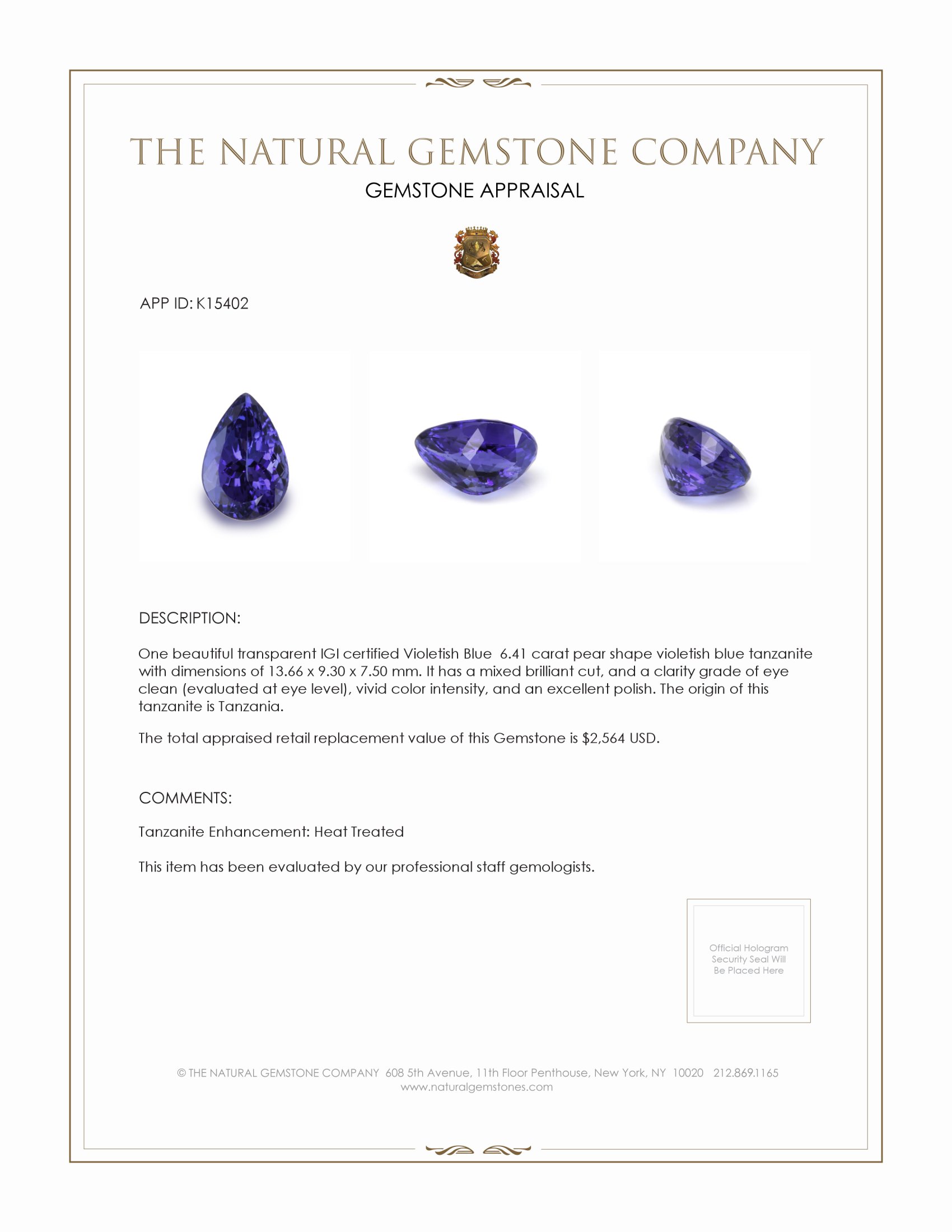 6.41 Ct. Tanzanite from Tanzania