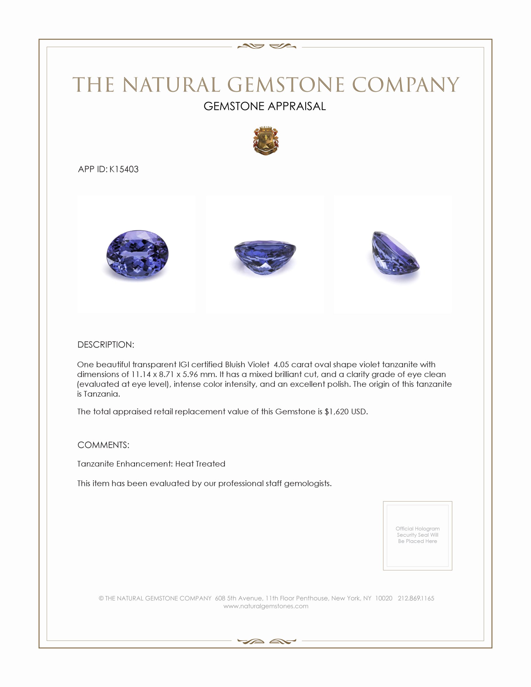 4.05 Ct. Tanzanite from Tanzania