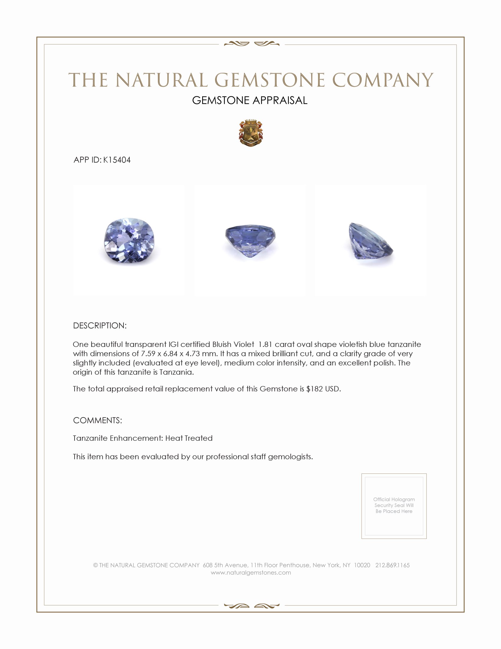 1.81 Ct. Tanzanite from Tanzania