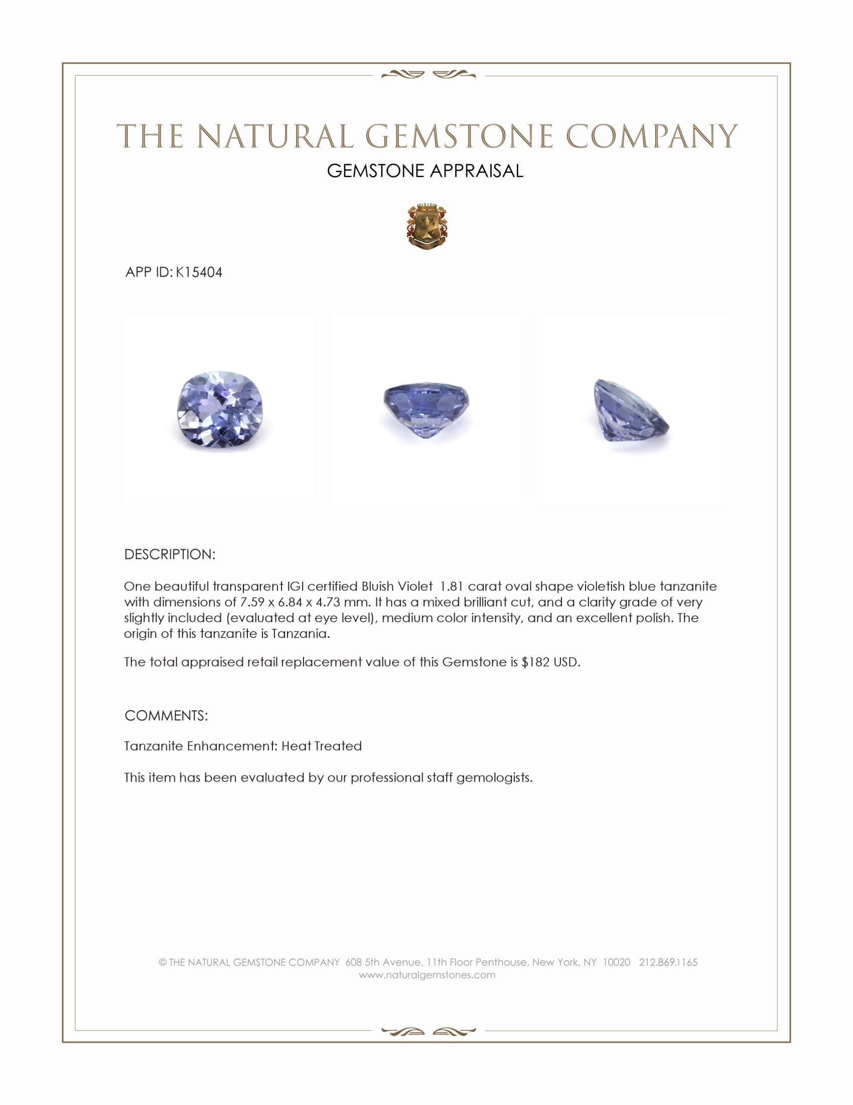 1.81 Ct. Tanzanite from Tanzania