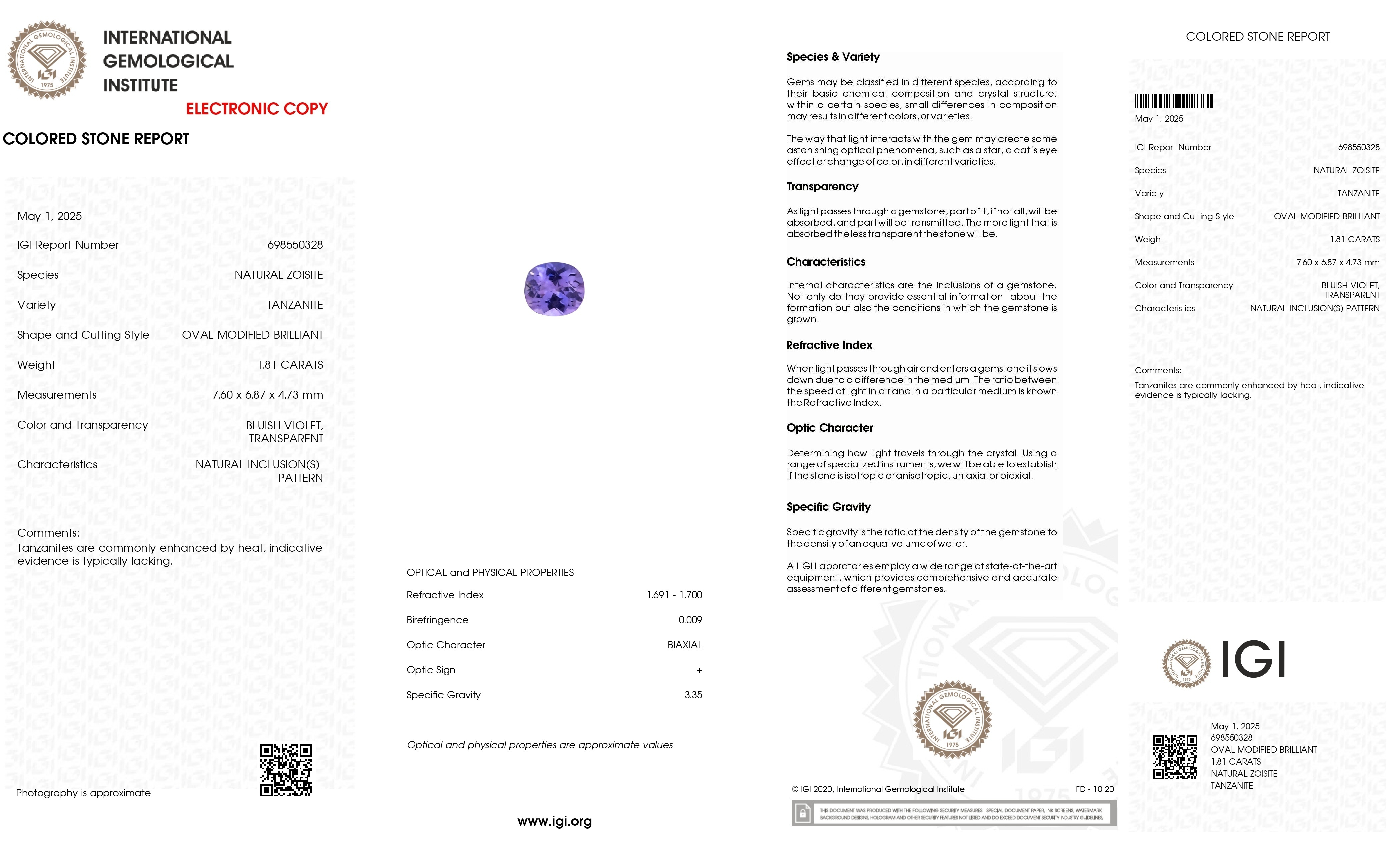 1.81 Ct. Tanzanite from Tanzania