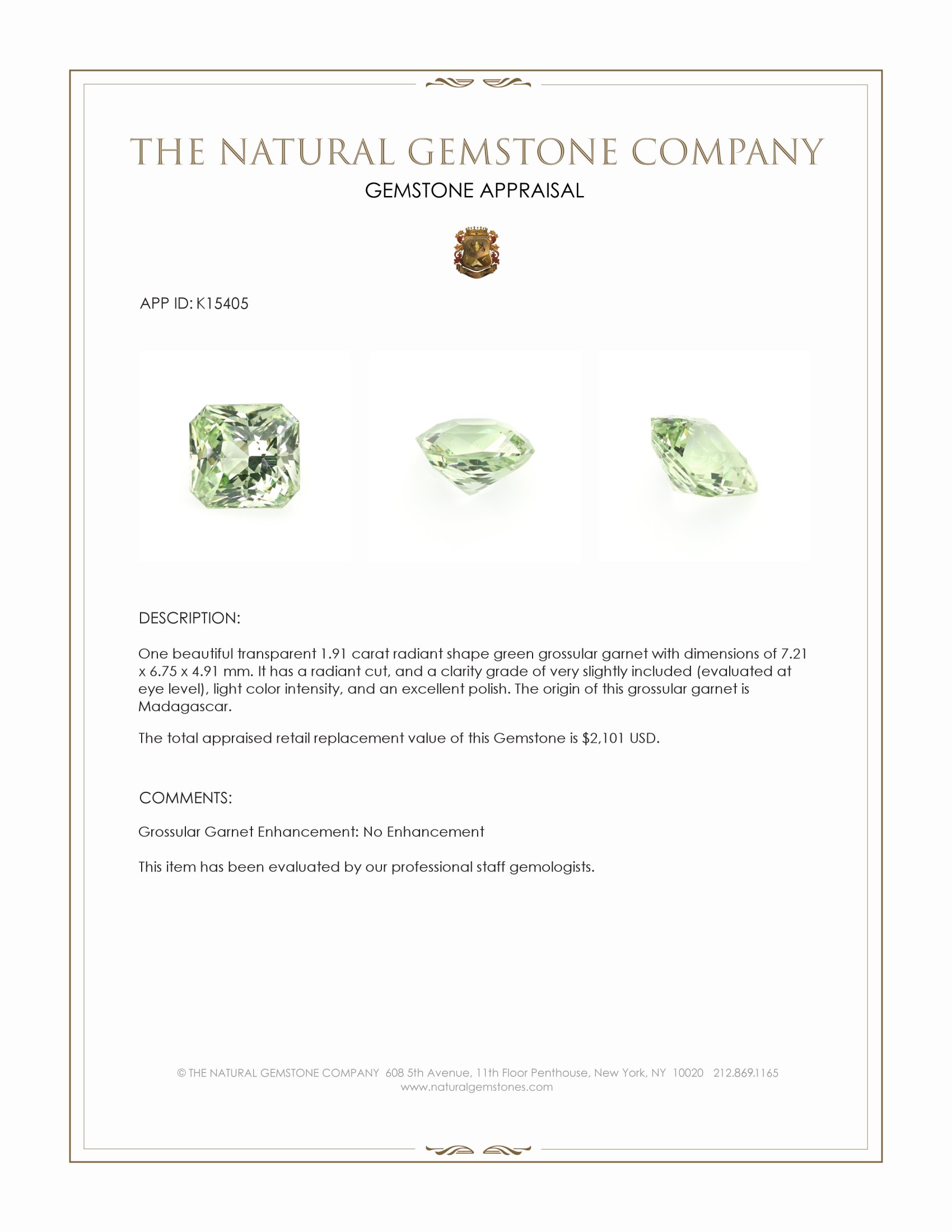 1.91 Ct. Green Grossular Garnet from Madagascar