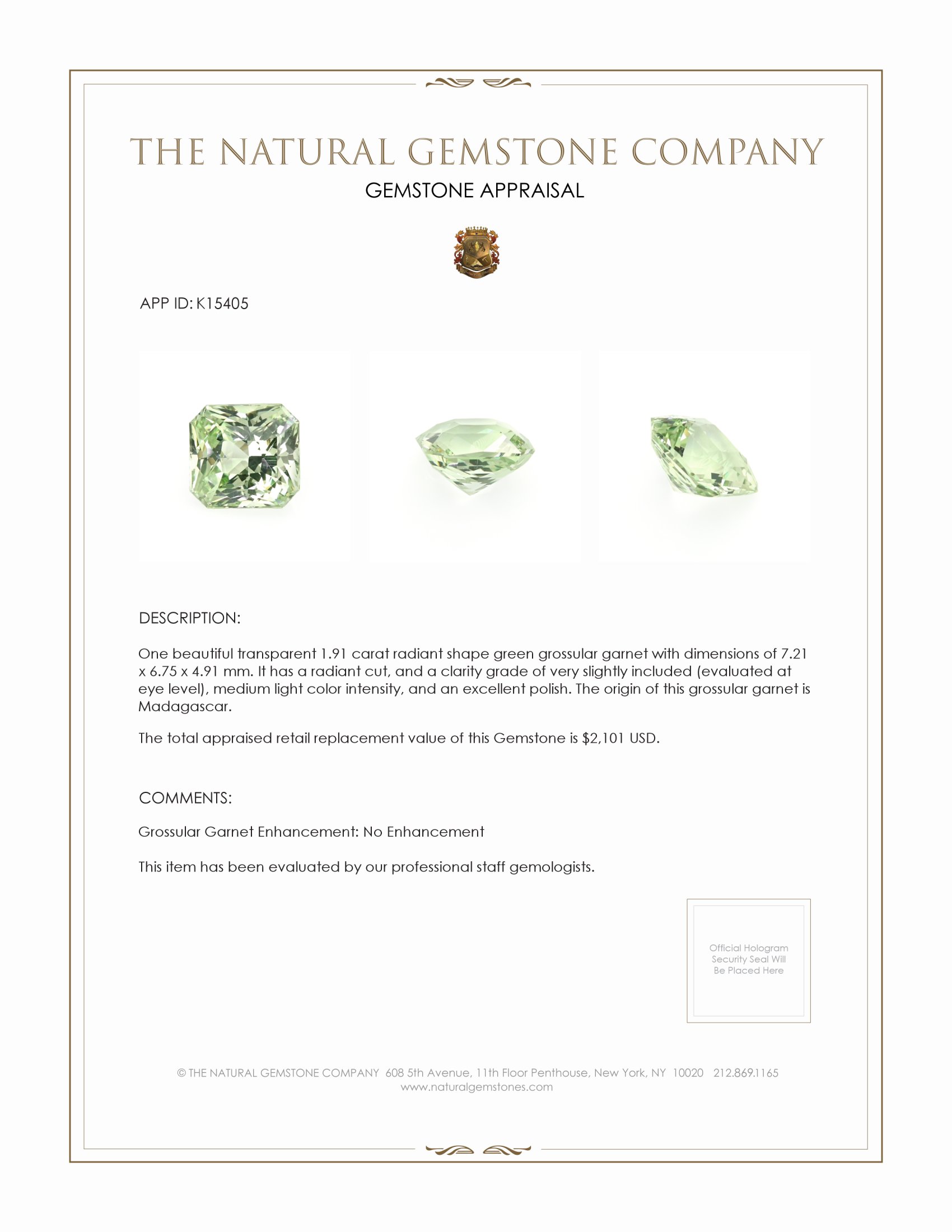 1.91 Ct. Grossular Garnet from Madagascar