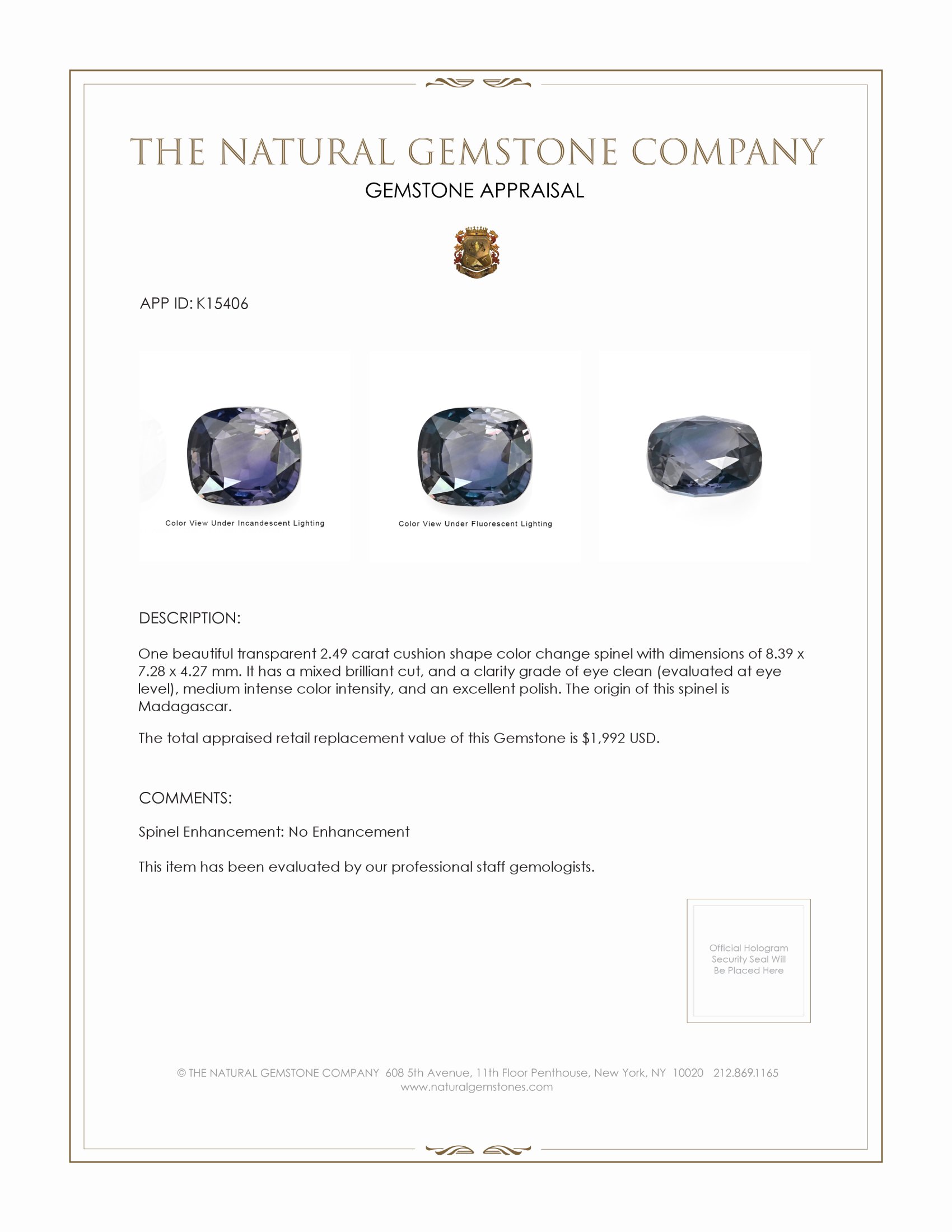 2.49 Ct. Color Change Spinel from Madagascar