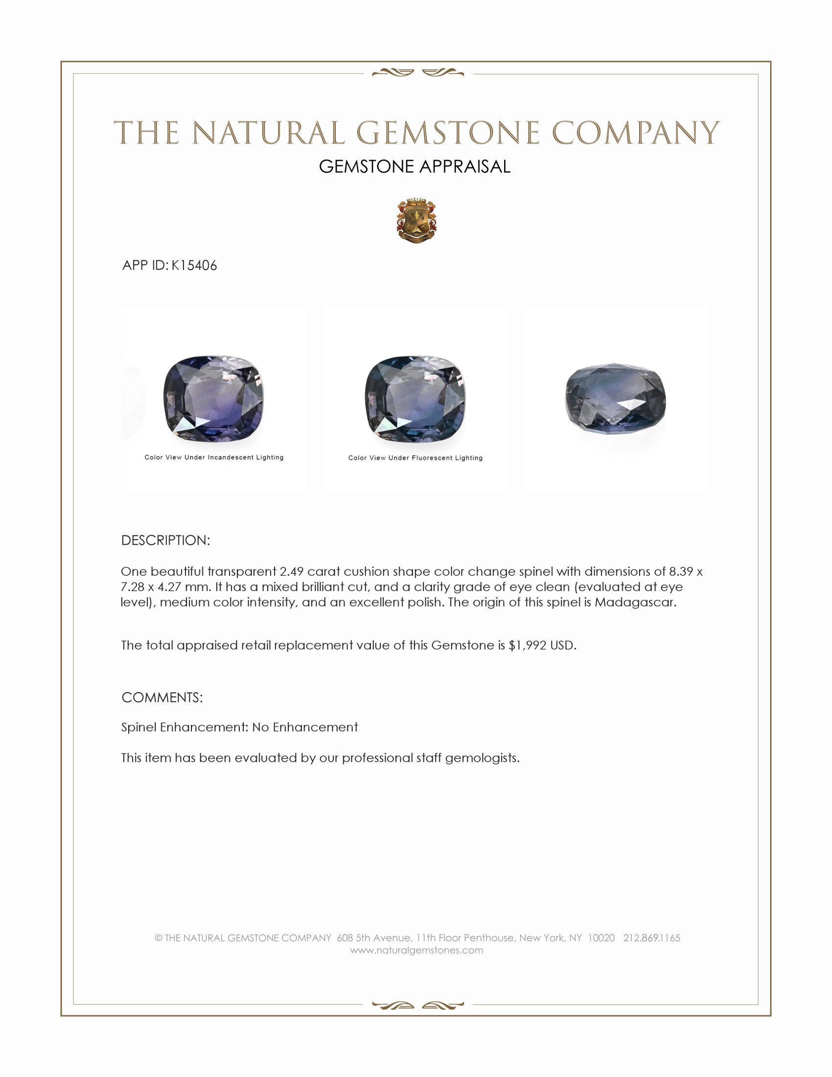 2.49 Ct. Color Change Spinel from Madagascar