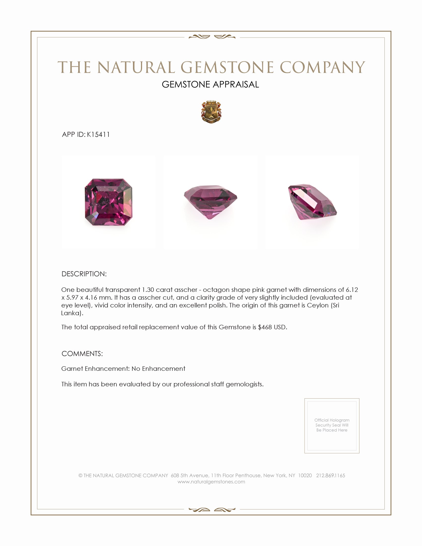1.30 Ct. Pink Garnet from Ceylon (Sri Lanka)