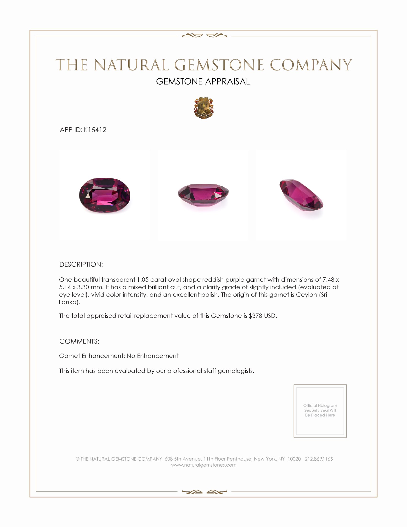 1.05 Ct. Garnet from Ceylon (Sri Lanka)
