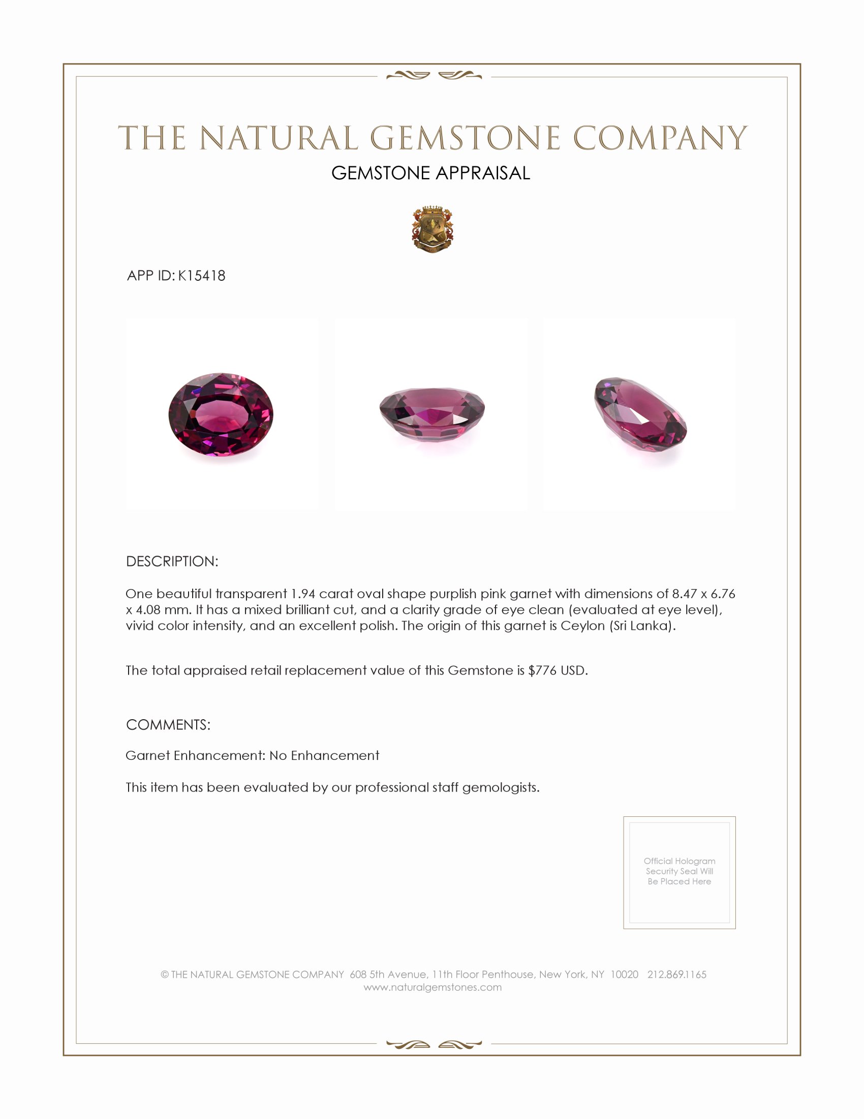 1.94 Ct. Purplish Pink Garnet from Ceylon (Sri Lanka)