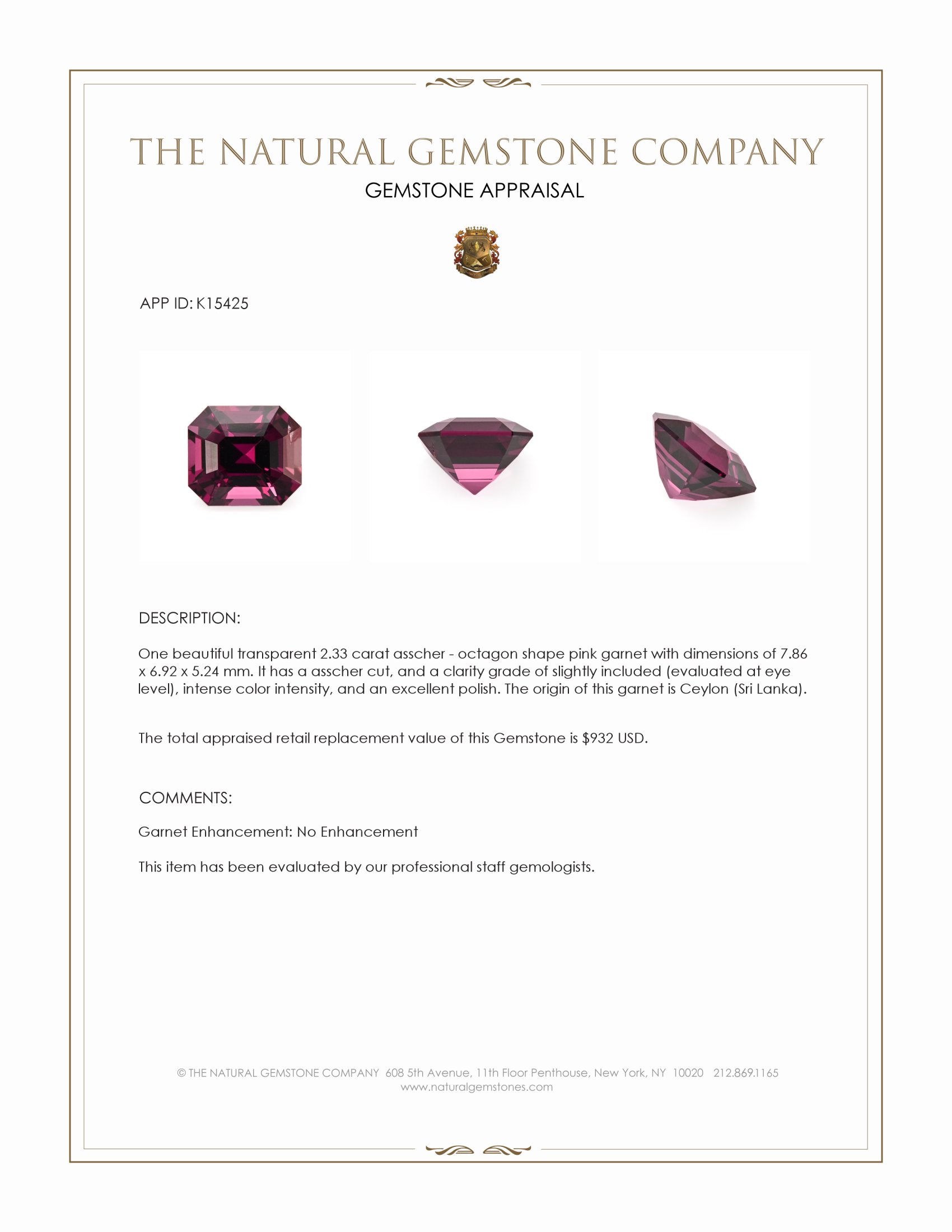 2.33 Ct. Pink Garnet from Ceylon (Sri Lanka)