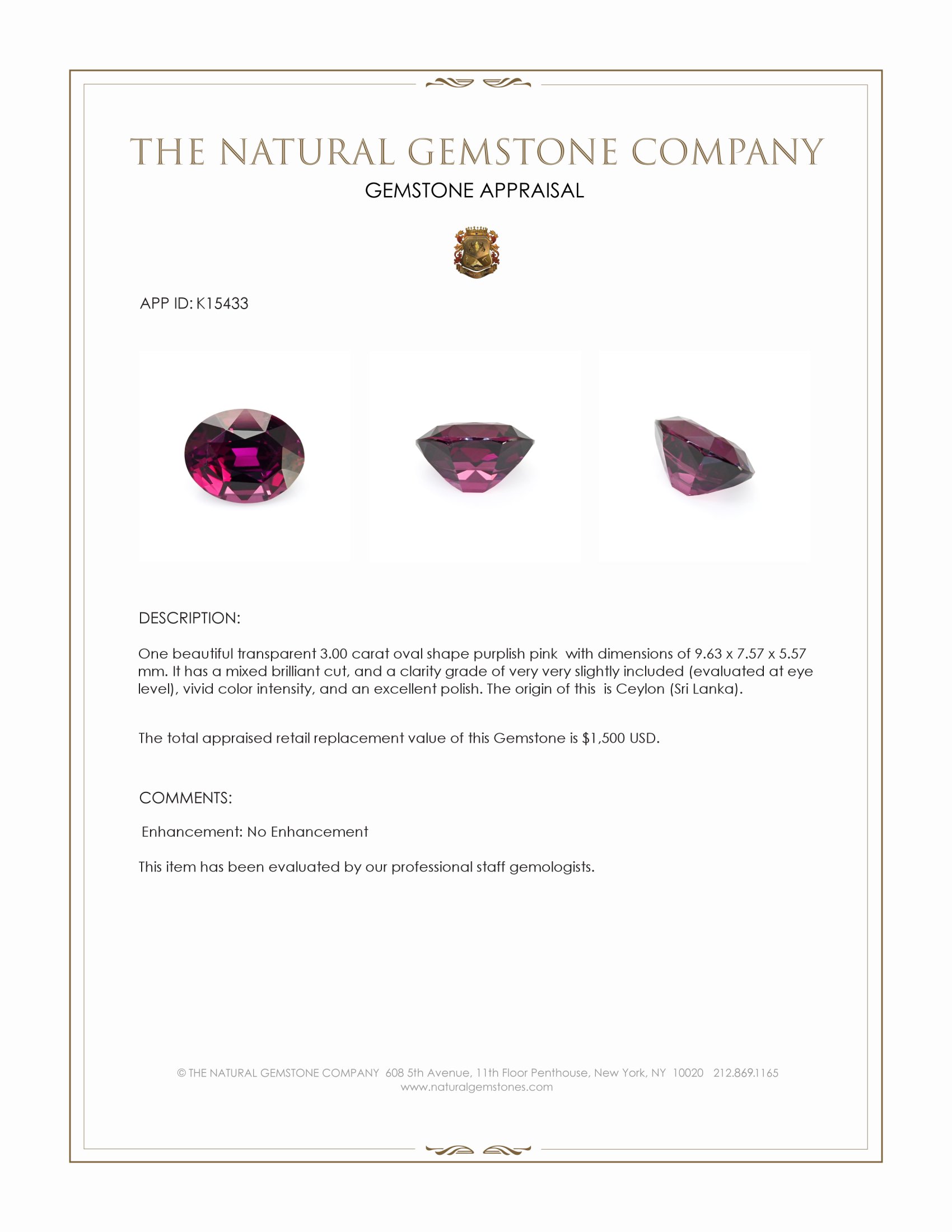3.00 Ct. Purplish Pink Garnet from Ceylon (Sri Lanka)