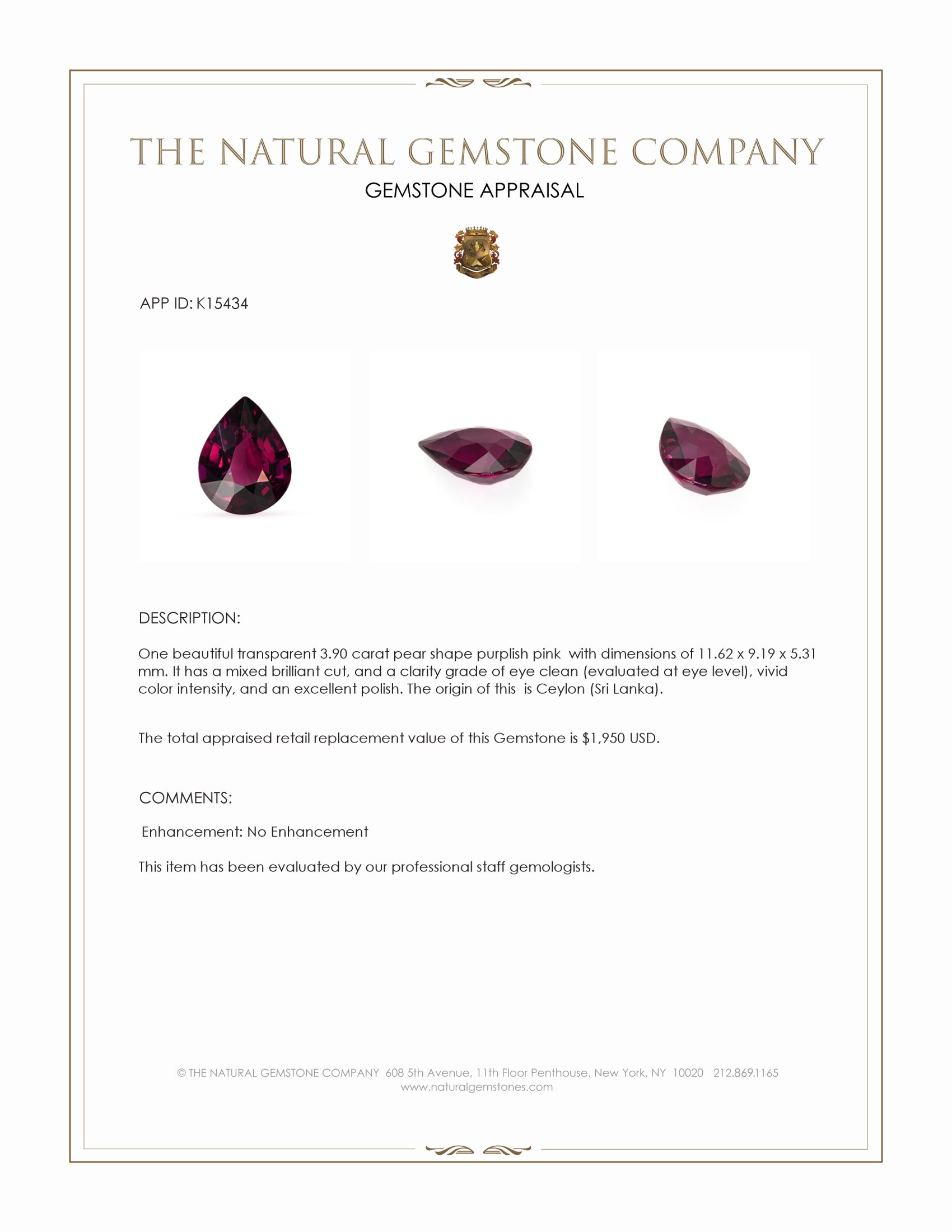 3.90 Ct. Purplish Pink Garnet from Ceylon (Sri Lanka)
