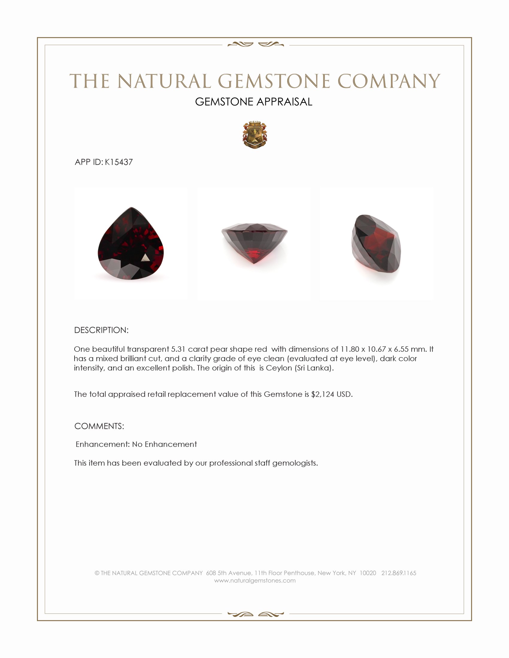 5.31 Ct. Red Garnet from Ceylon (Sri Lanka)