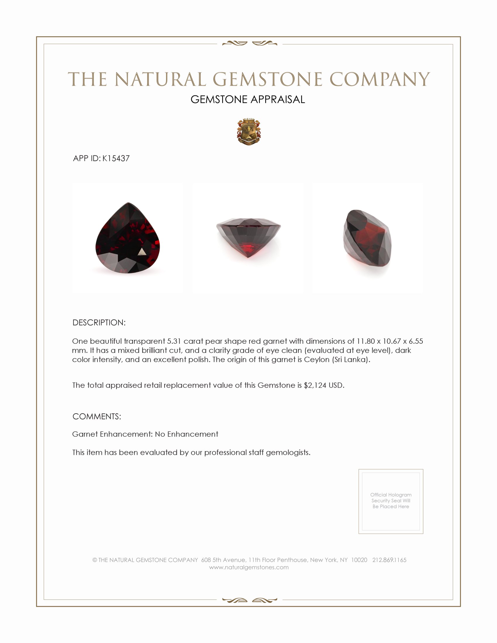 5.31 Ct. Garnet from Ceylon (Sri Lanka)