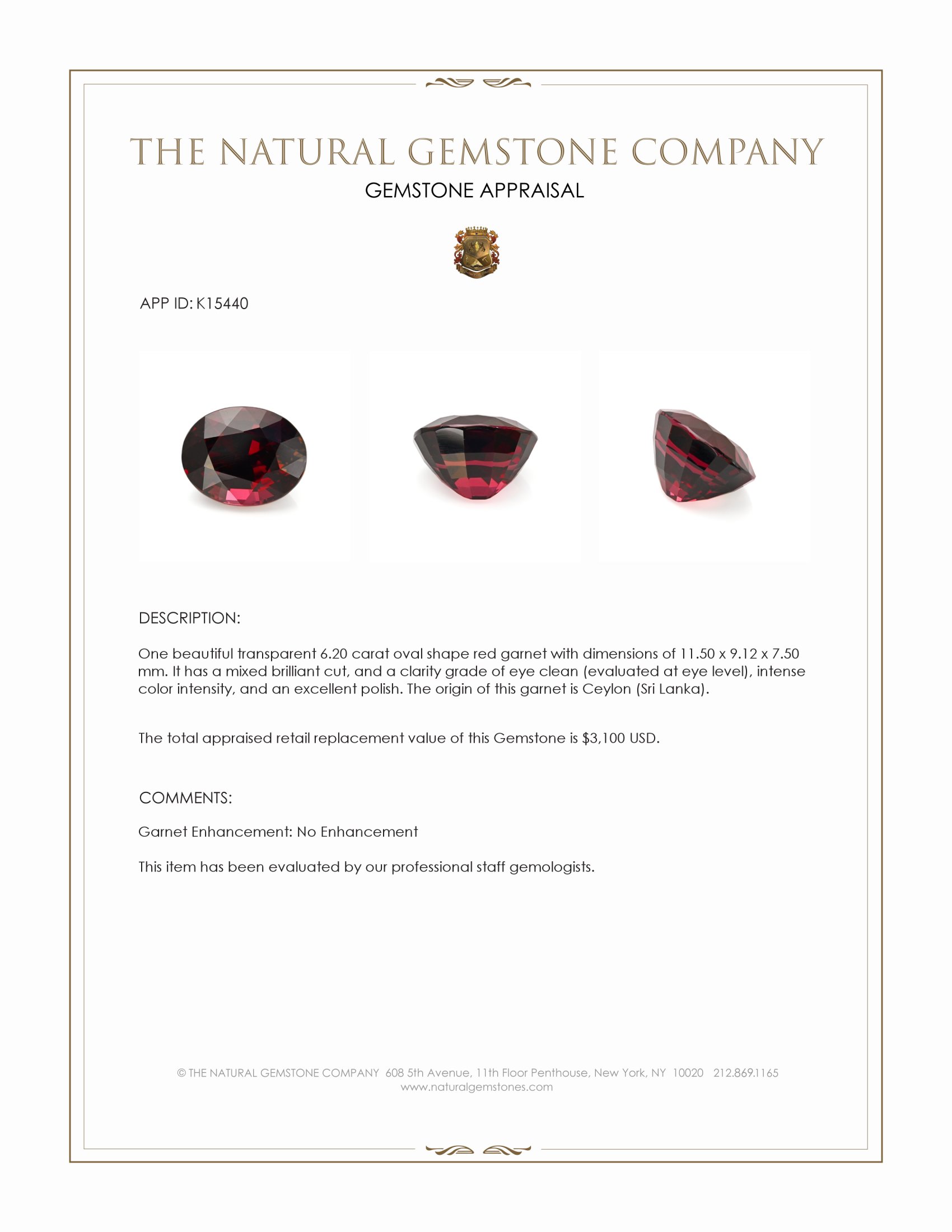 6.20 Ct. Red Garnet from Ceylon (Sri Lanka)