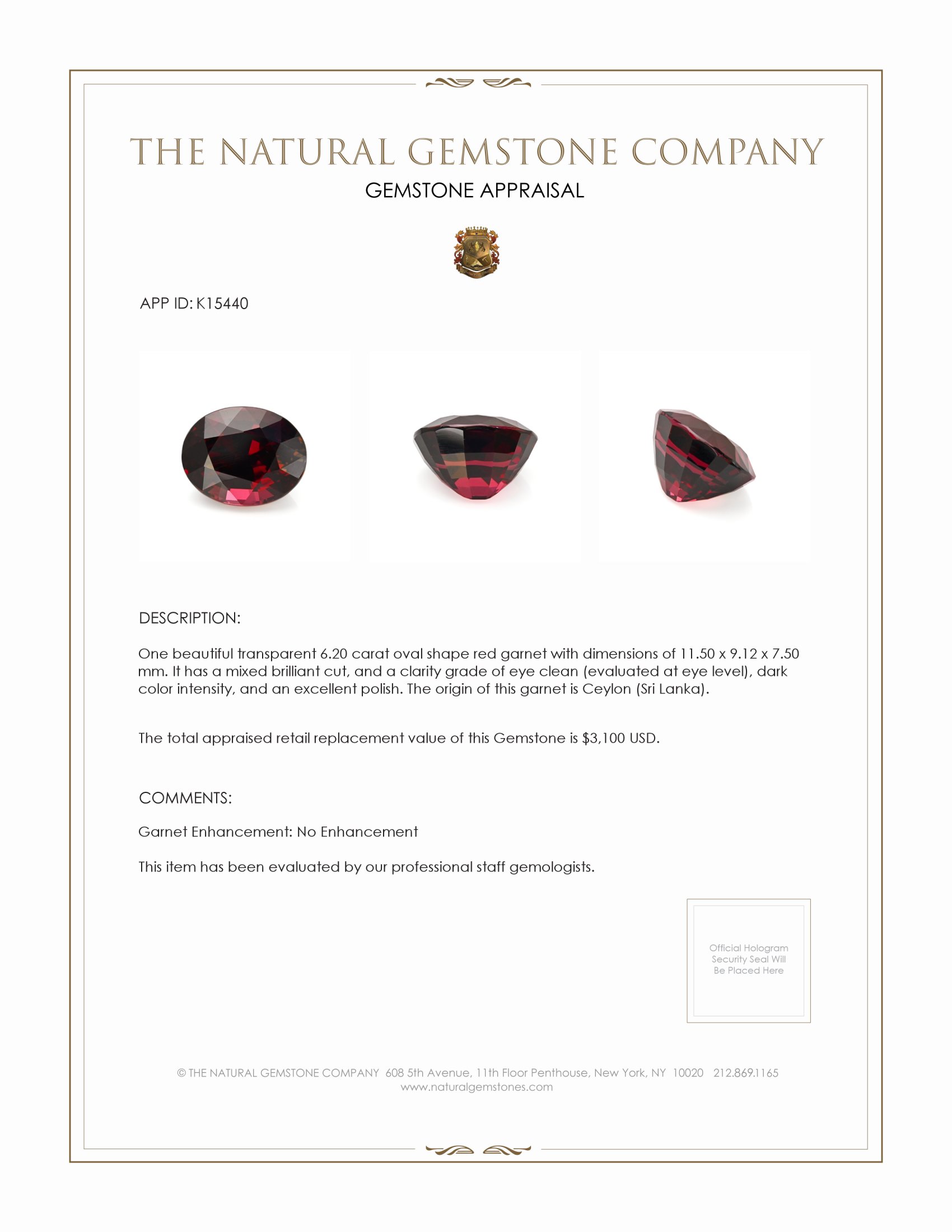 6.20 Ct. Garnet from Ceylon (Sri Lanka)