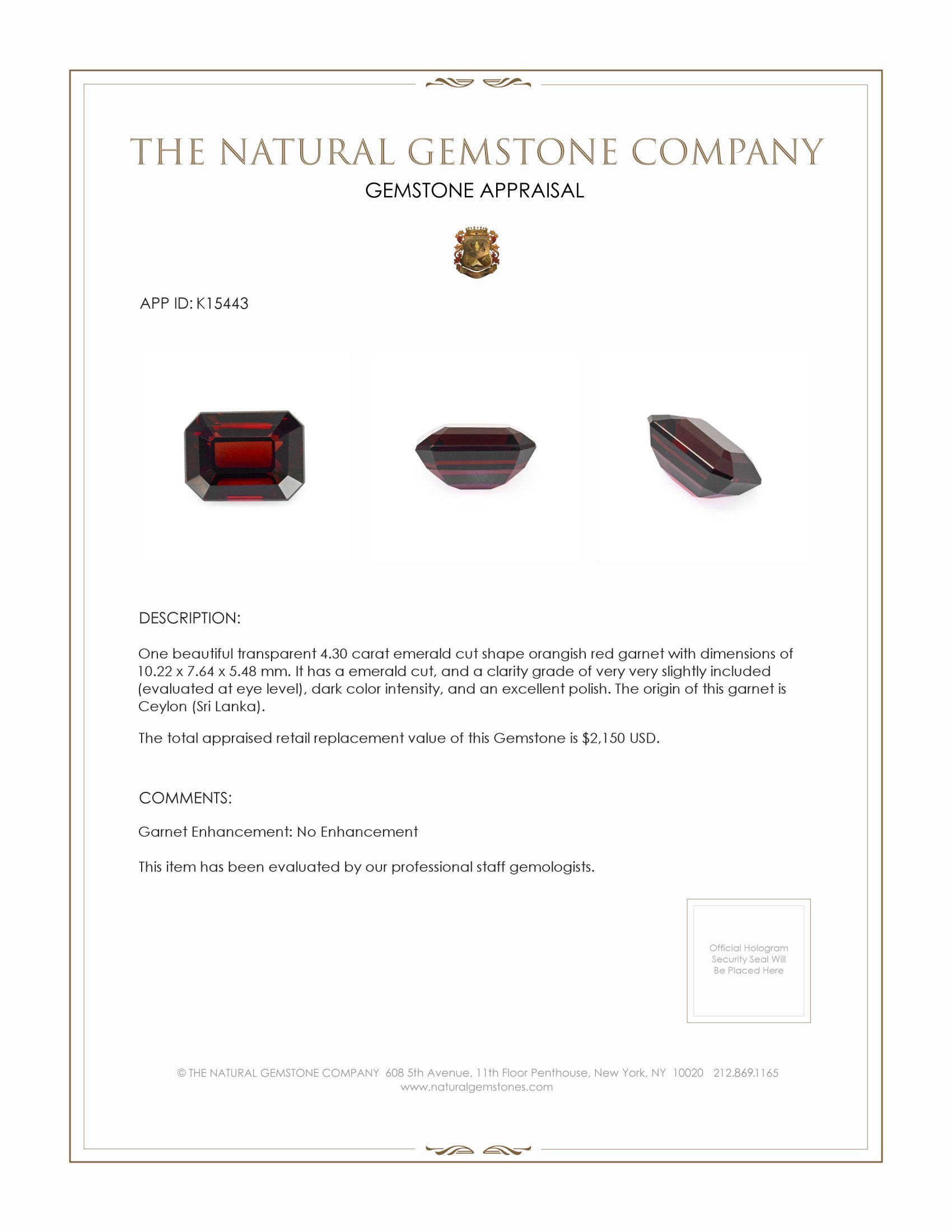 4.30 Ct. Orangish Red Garnet from Ceylon (Sri Lanka)