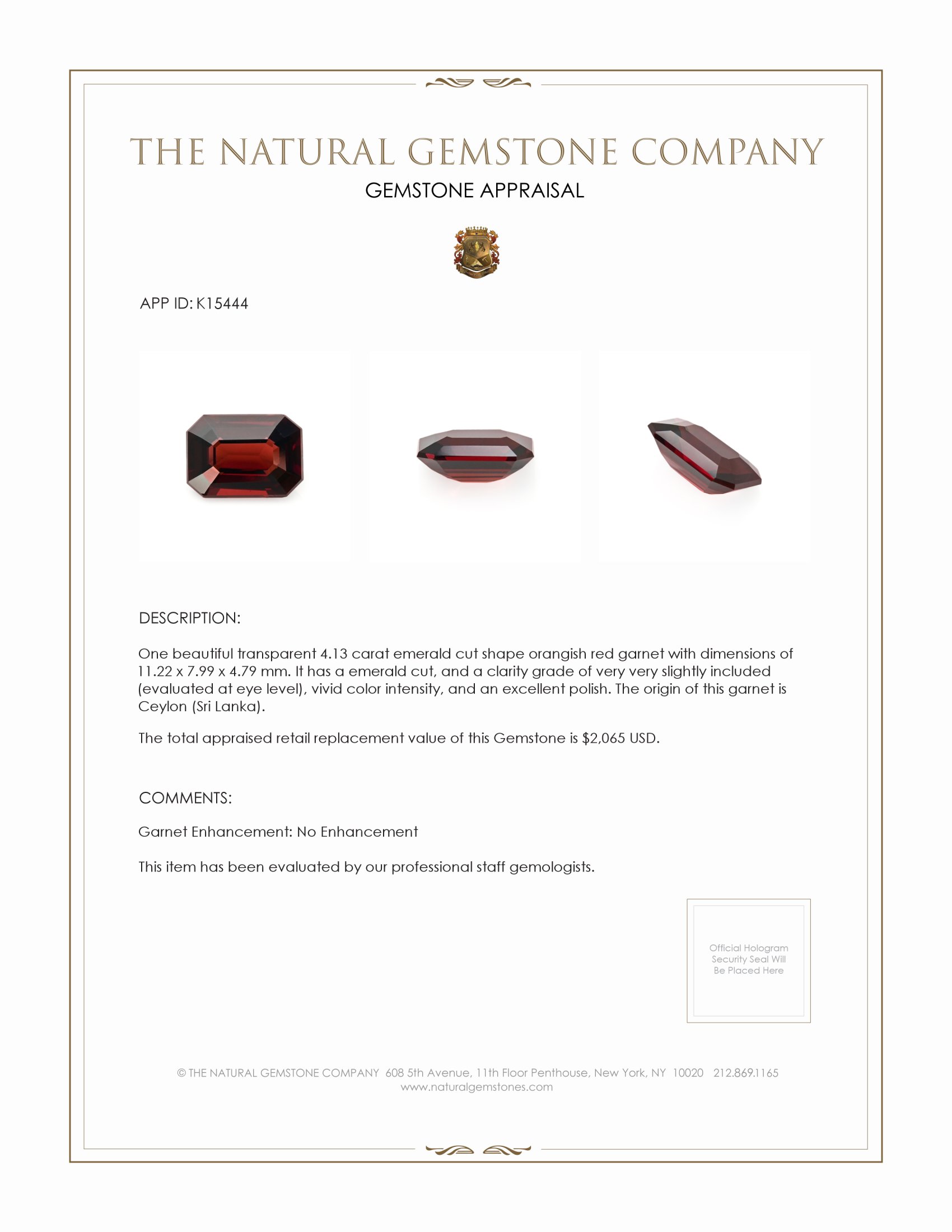 4.13 Ct. Orangish Red Garnet from Ceylon (Sri Lanka)