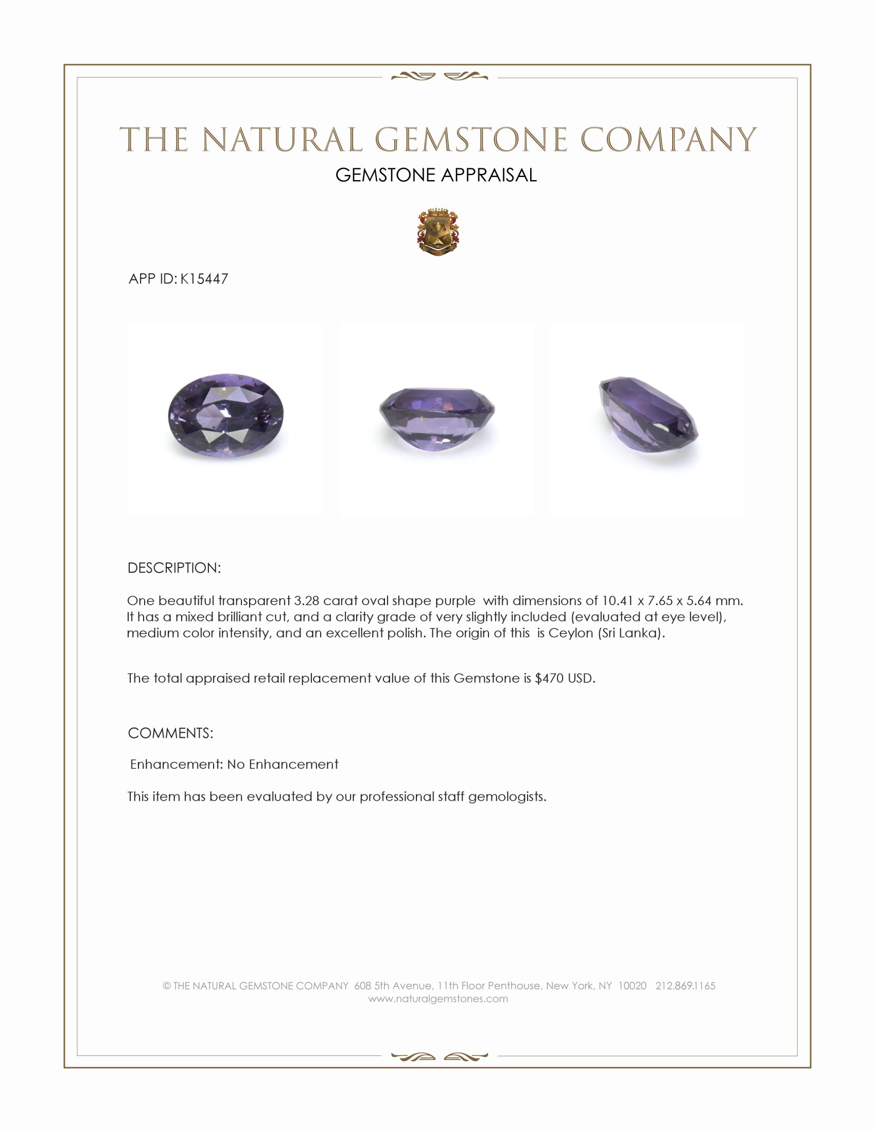 3.28 Ct. Purple Spinel from Ceylon (Sri Lanka)