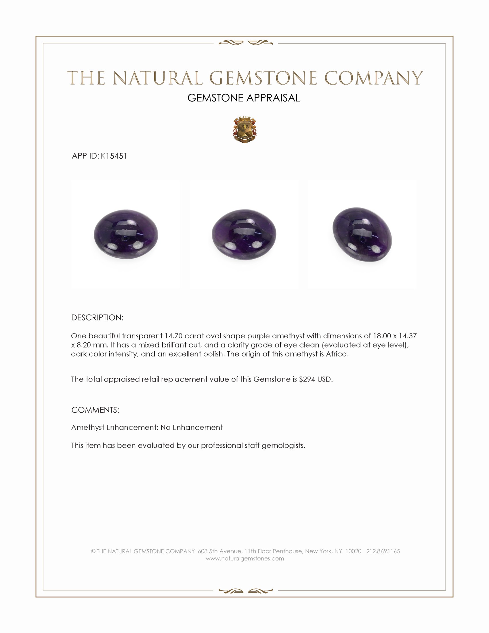 14.70 Ct. Purple Amethyst from Africa
