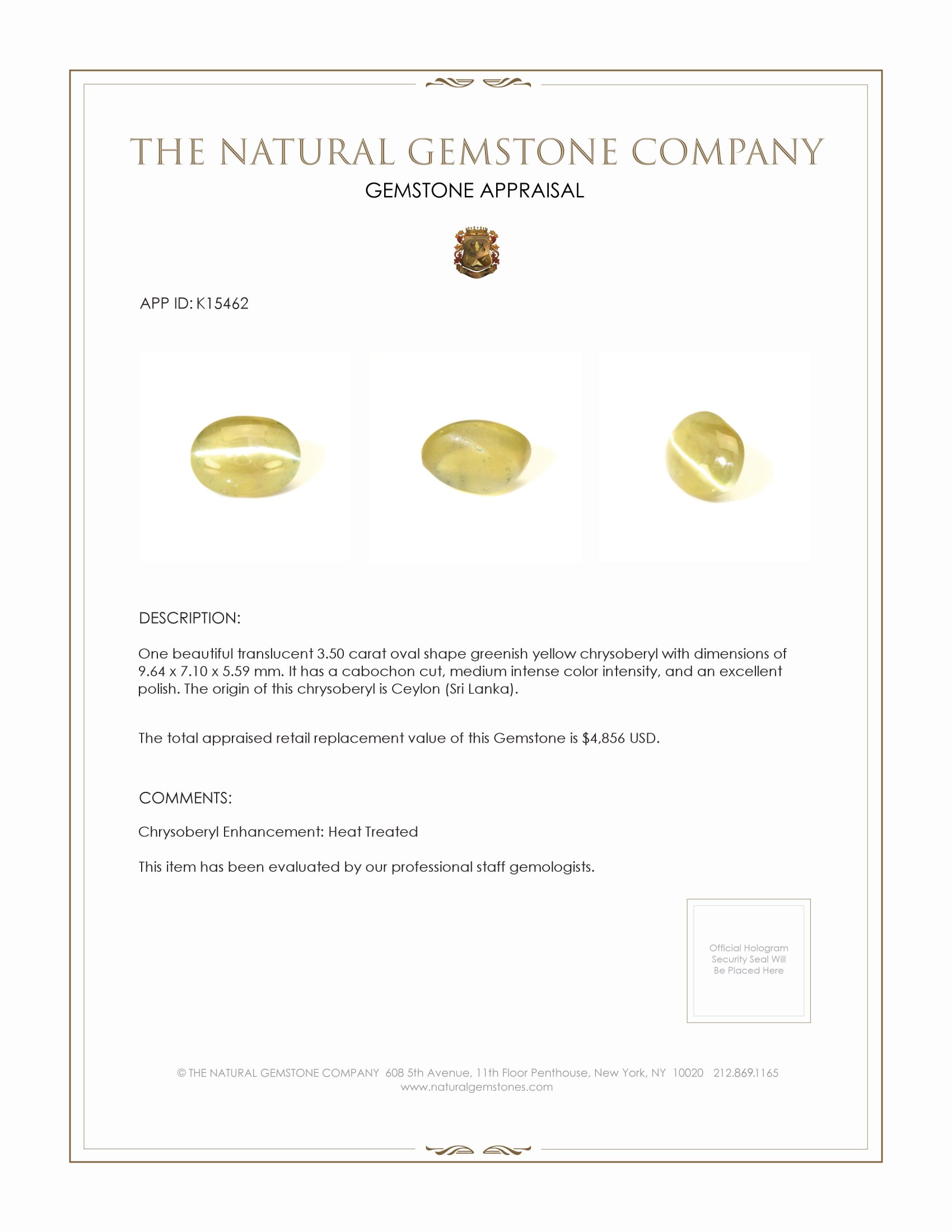 3.50 Ct. Cabochon Chrysoberyl from Ceylon (Sri Lanka)