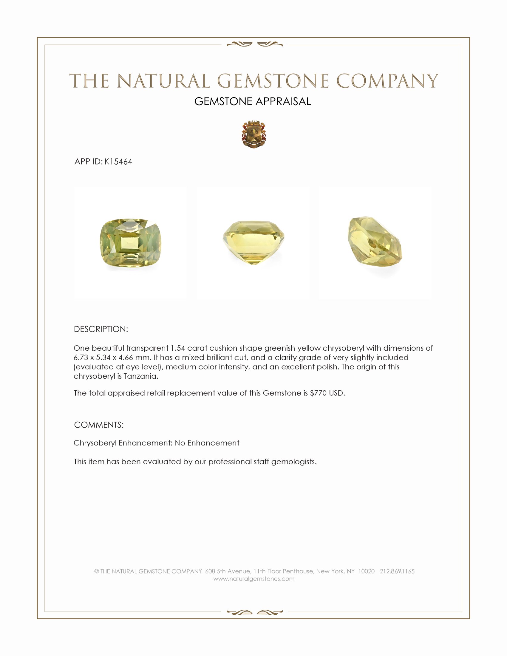 1.54 Ct. Greenish Yellow Chrysoberyl from Tanzania