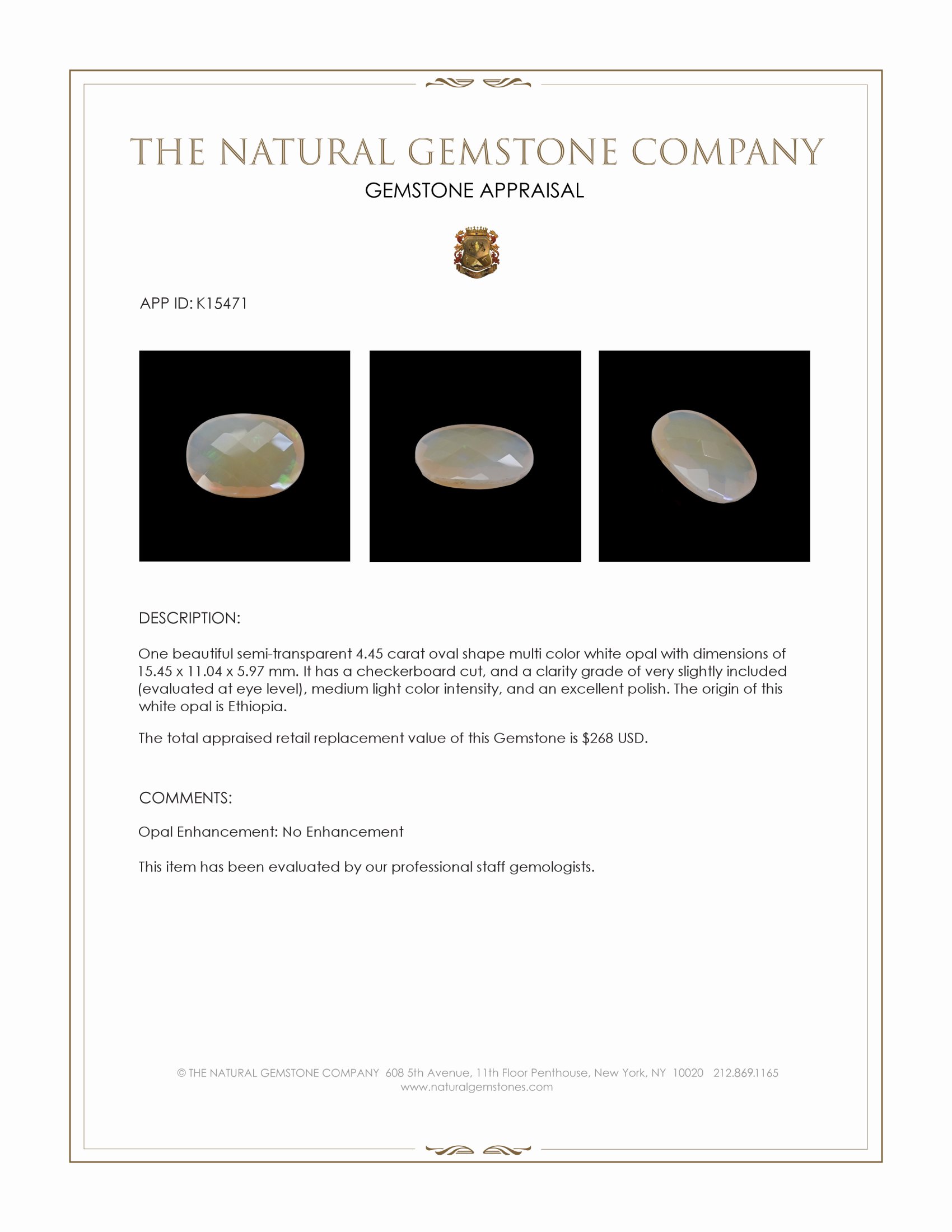 4.45 Ct. White Opal from Ethiopia