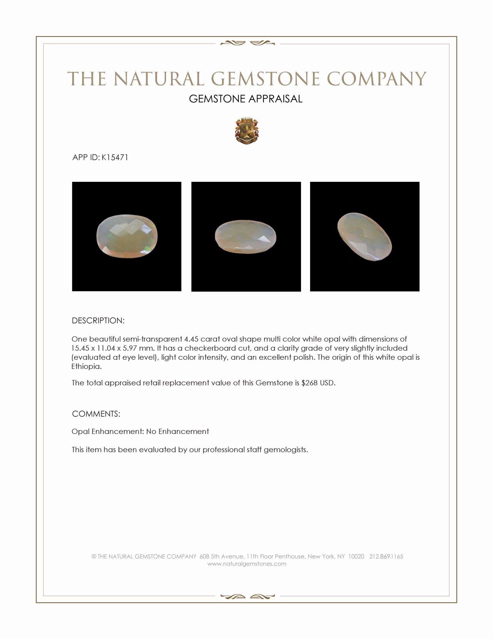 4.45 Ct. White Opal from Ethiopia