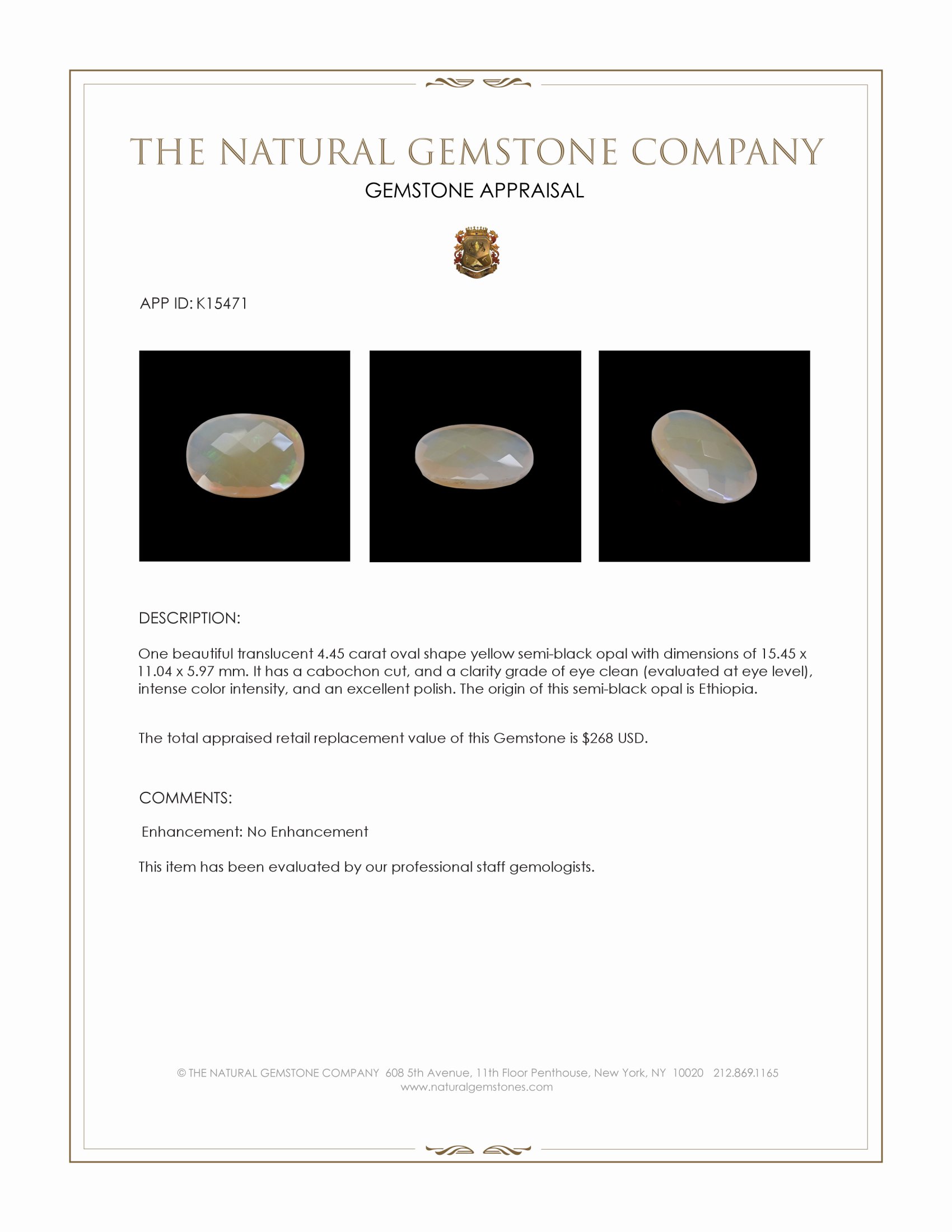 4.45 Ct. Yellow Cabochon Semi-Black Opal from Ethiopia