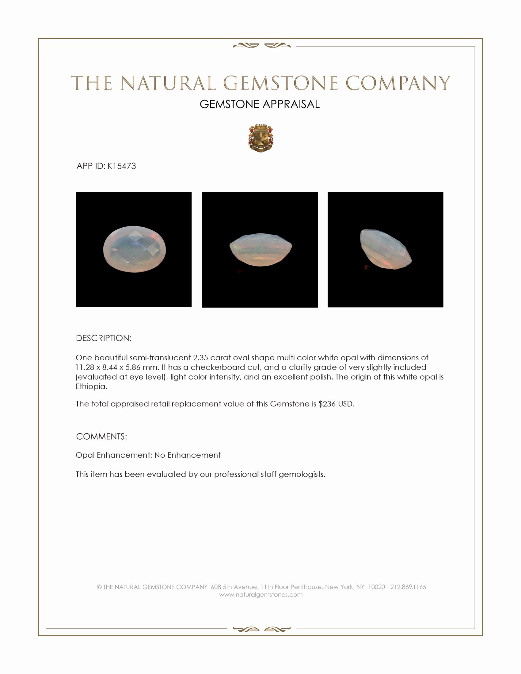 2.35 Ct. White Opal from Ethiopia