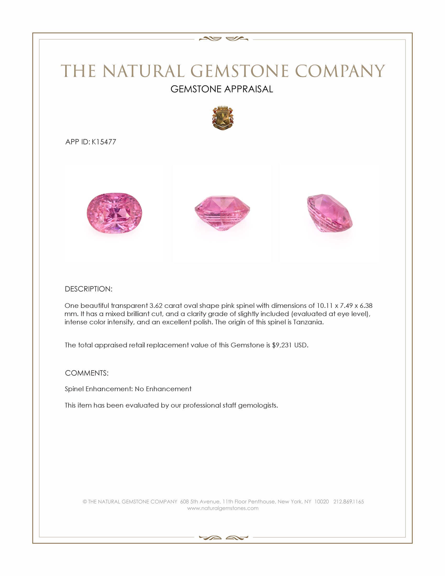 3.62 Ct. Pink Spinel from Tanzania