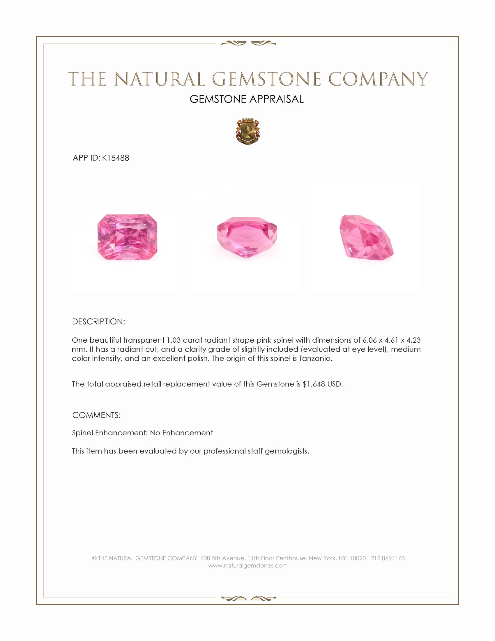 1.03 Ct. Pink Spinel from Tanzania