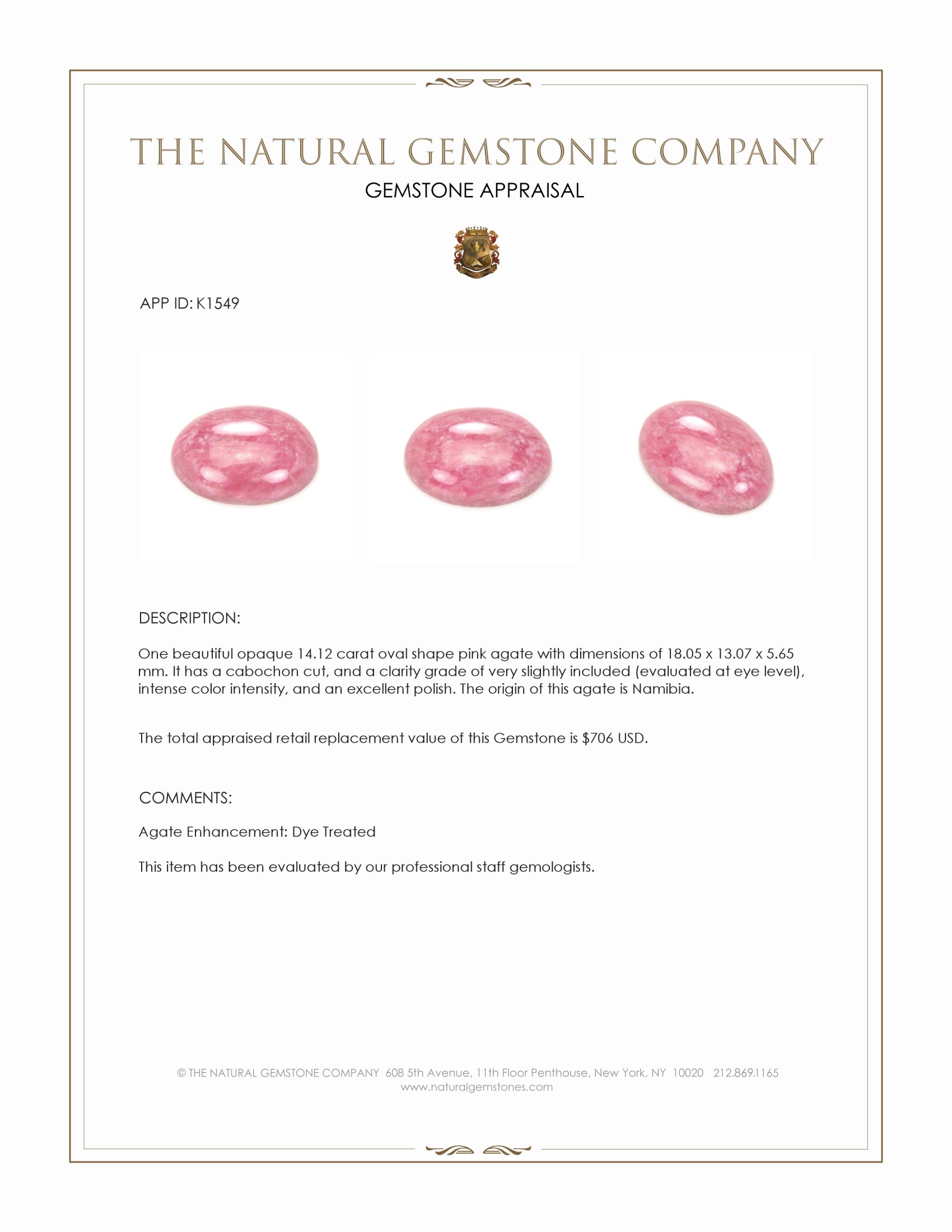 14.12 Ct. Pink Cabochon Agate from Namibia