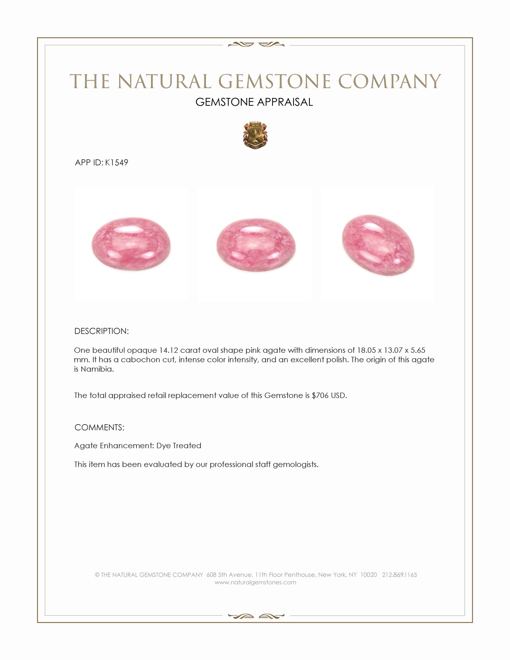 14.12 Ct. Pink Cabochon Agate from Namibia