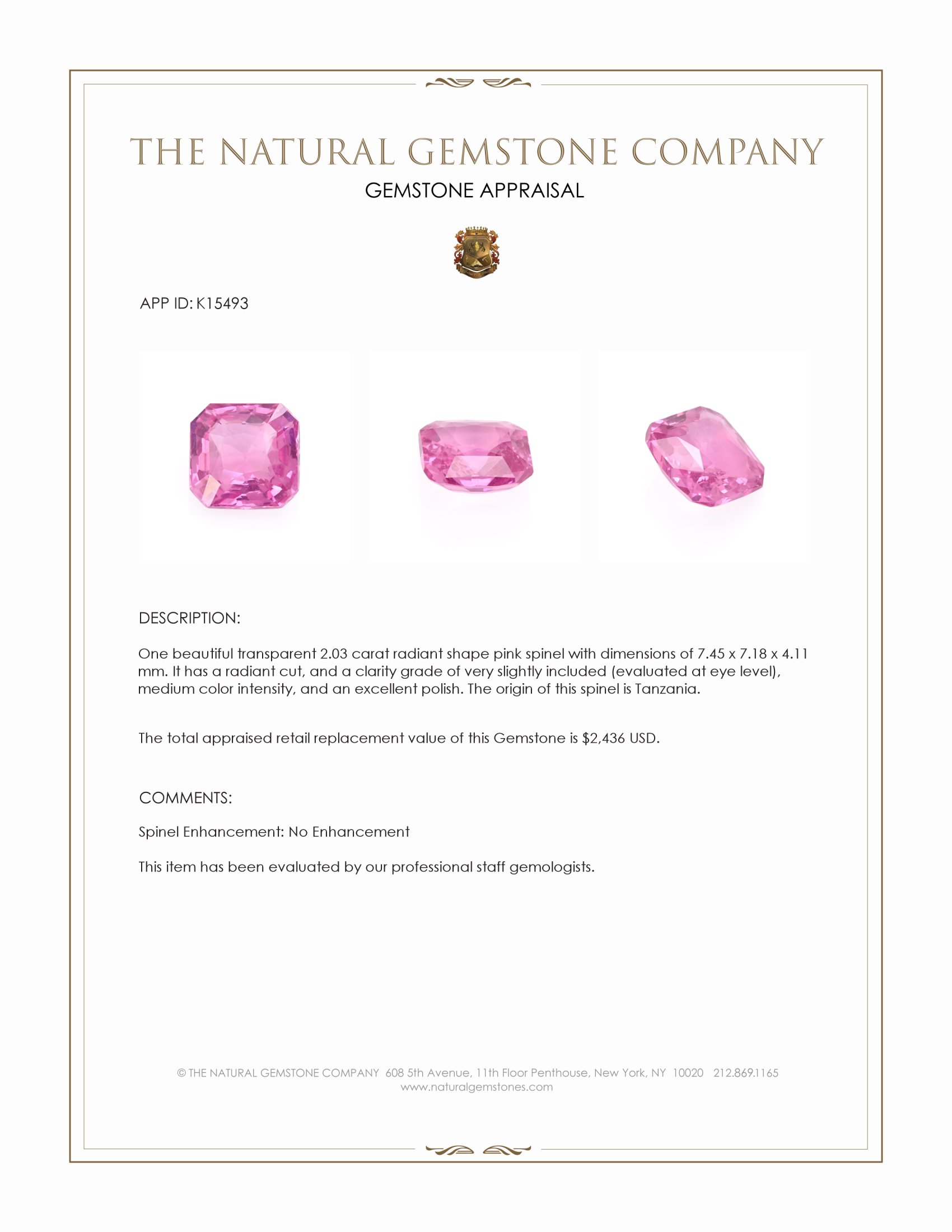 2.03 Ct. Pink Spinel from Tanzania