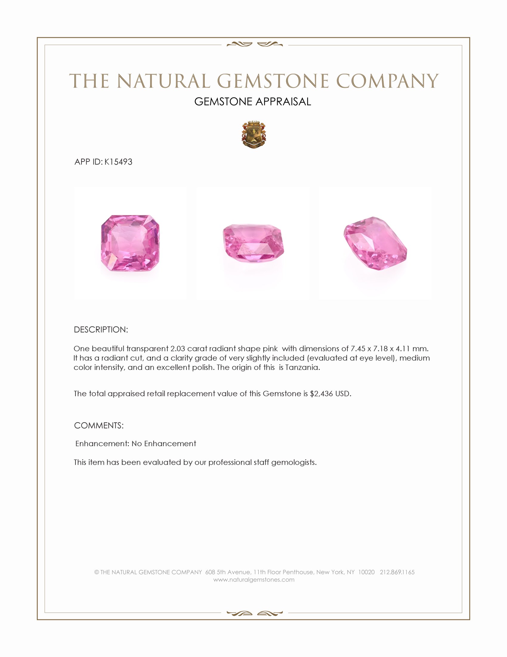 2.03 Ct. Pink Spinel from Tanzania