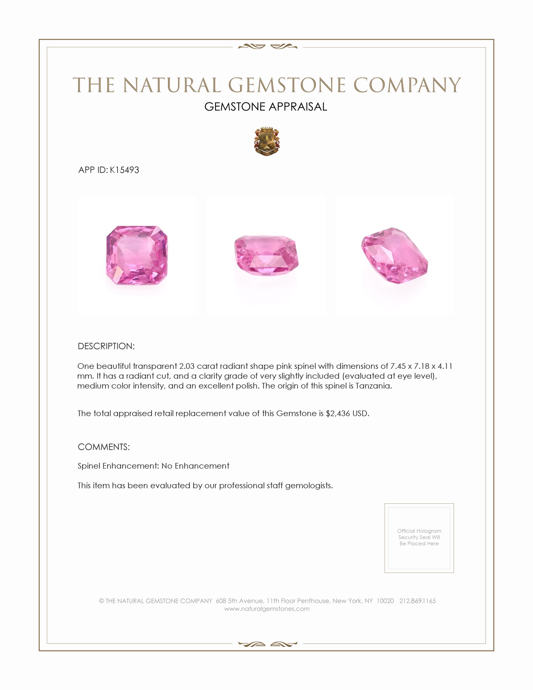 2.03 Ct. Spinel from Tanzania