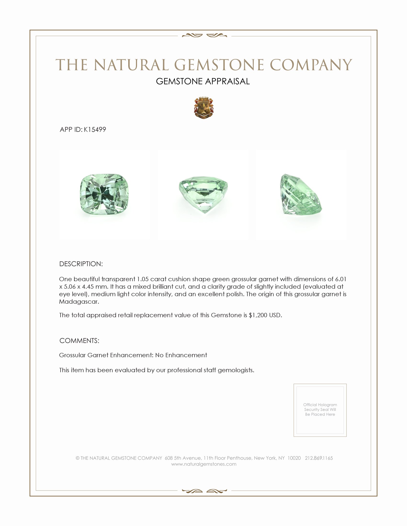 1.05 Ct. Grossular Garnet from Madagascar