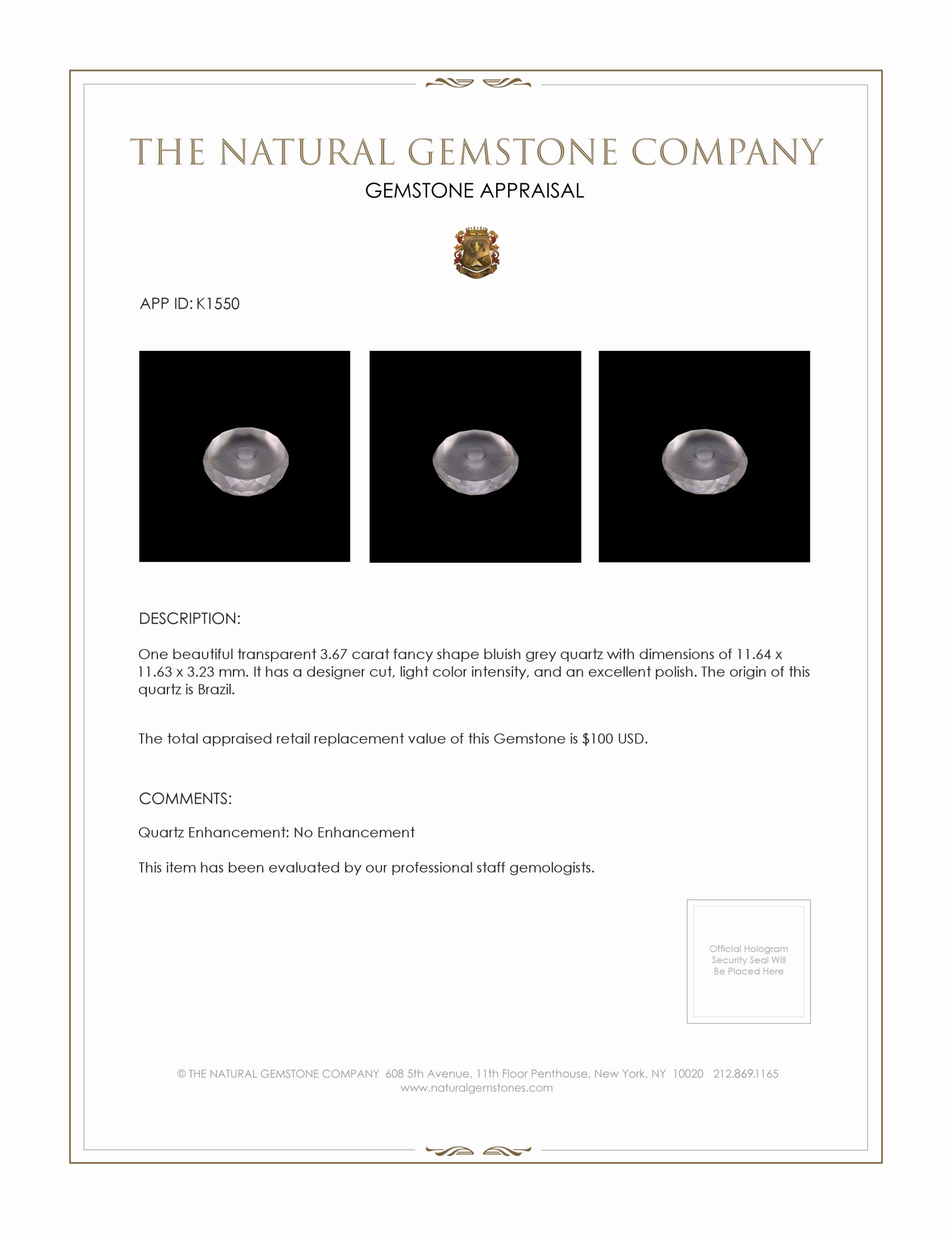 3.67 Ct. Bluish Grey Quartz from Brazil