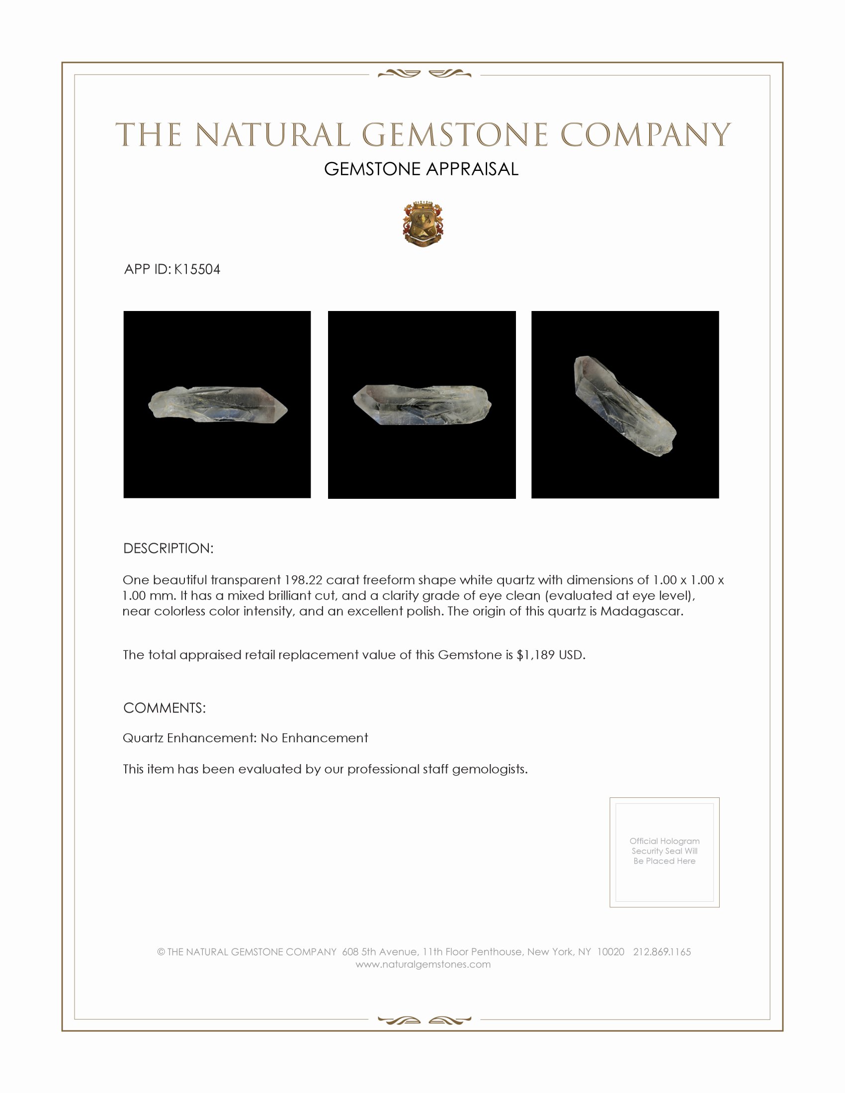 198.22 Ct. Quartz Crystal from Madagascar