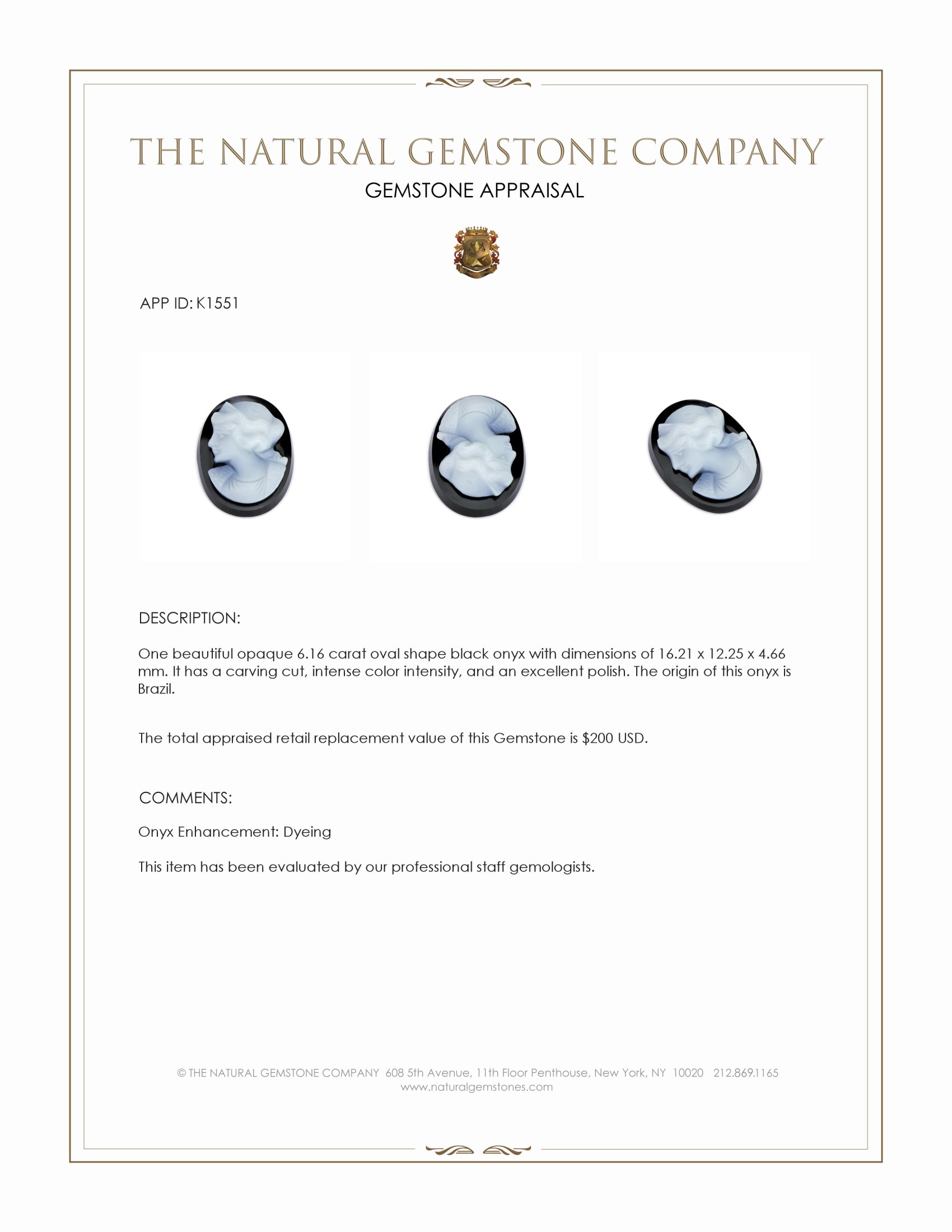 6.16 Ct. Black Onyx from Brazil