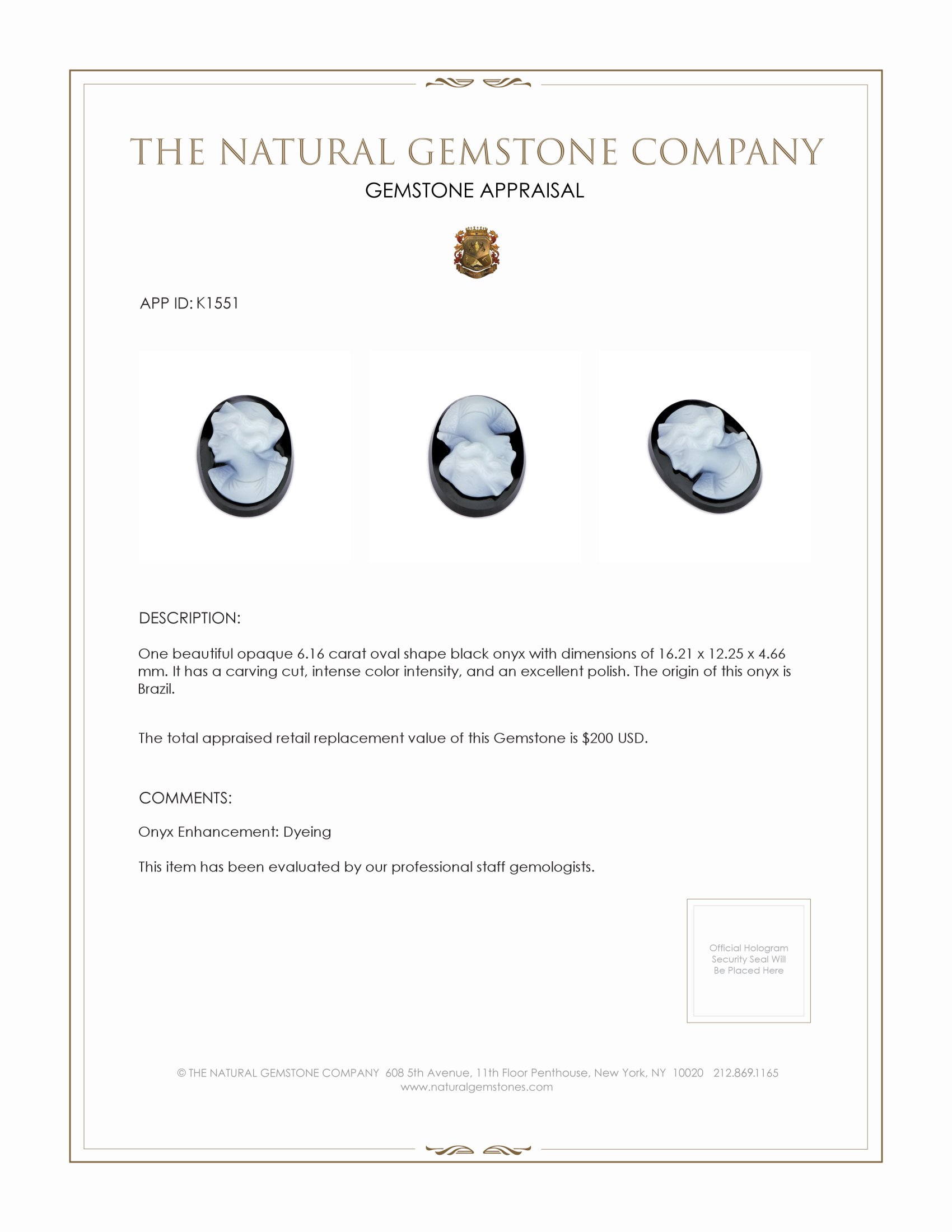 6.16 Ct. Onyx from Brazil