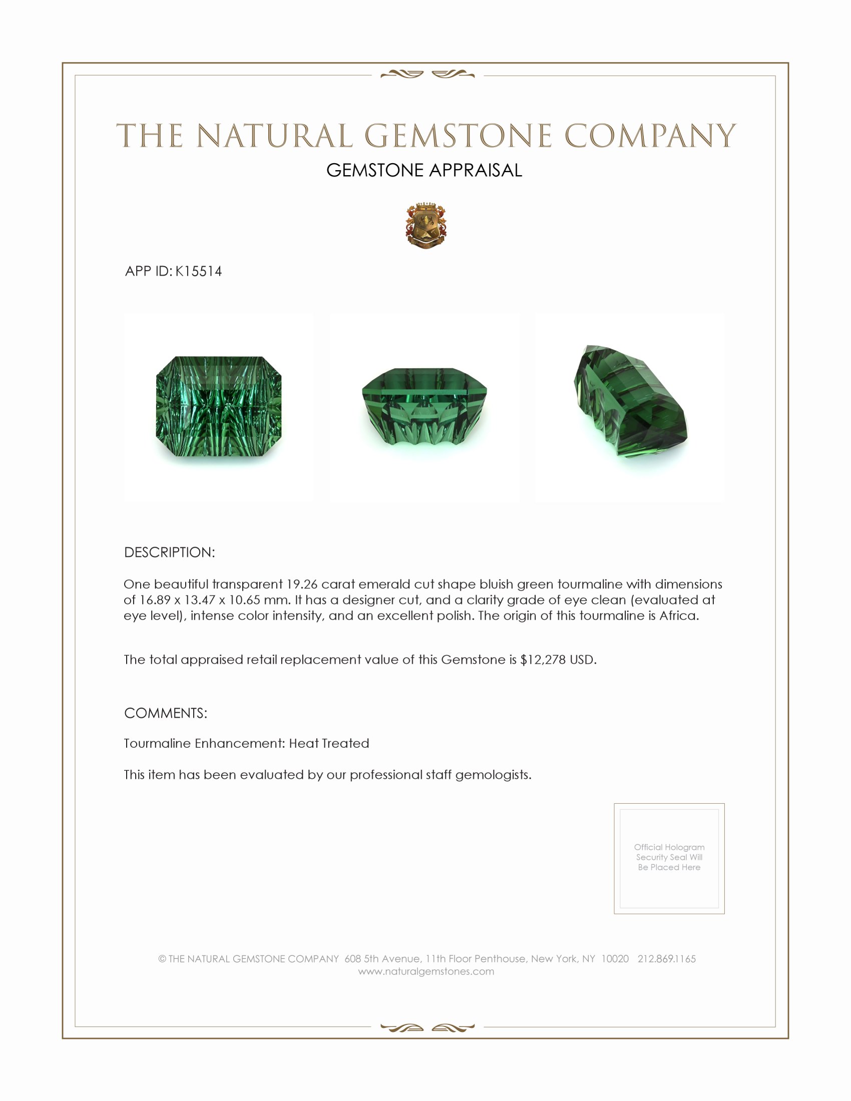 19.26 Ct. Bluish Green Tourmaline from Africa