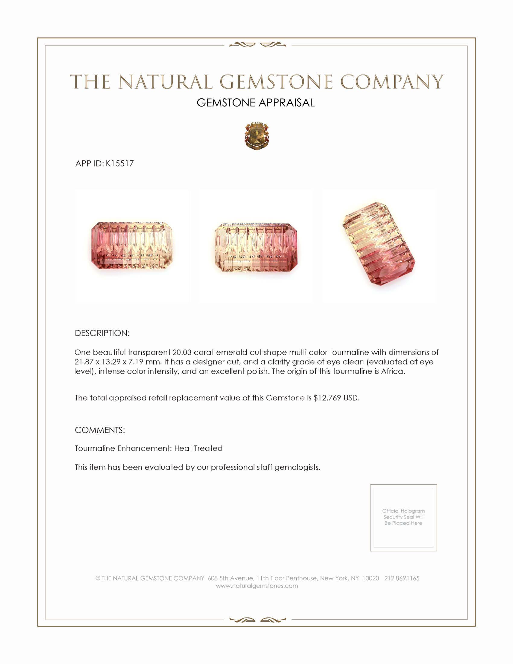 20.03 Ct. Tourmaline from Africa