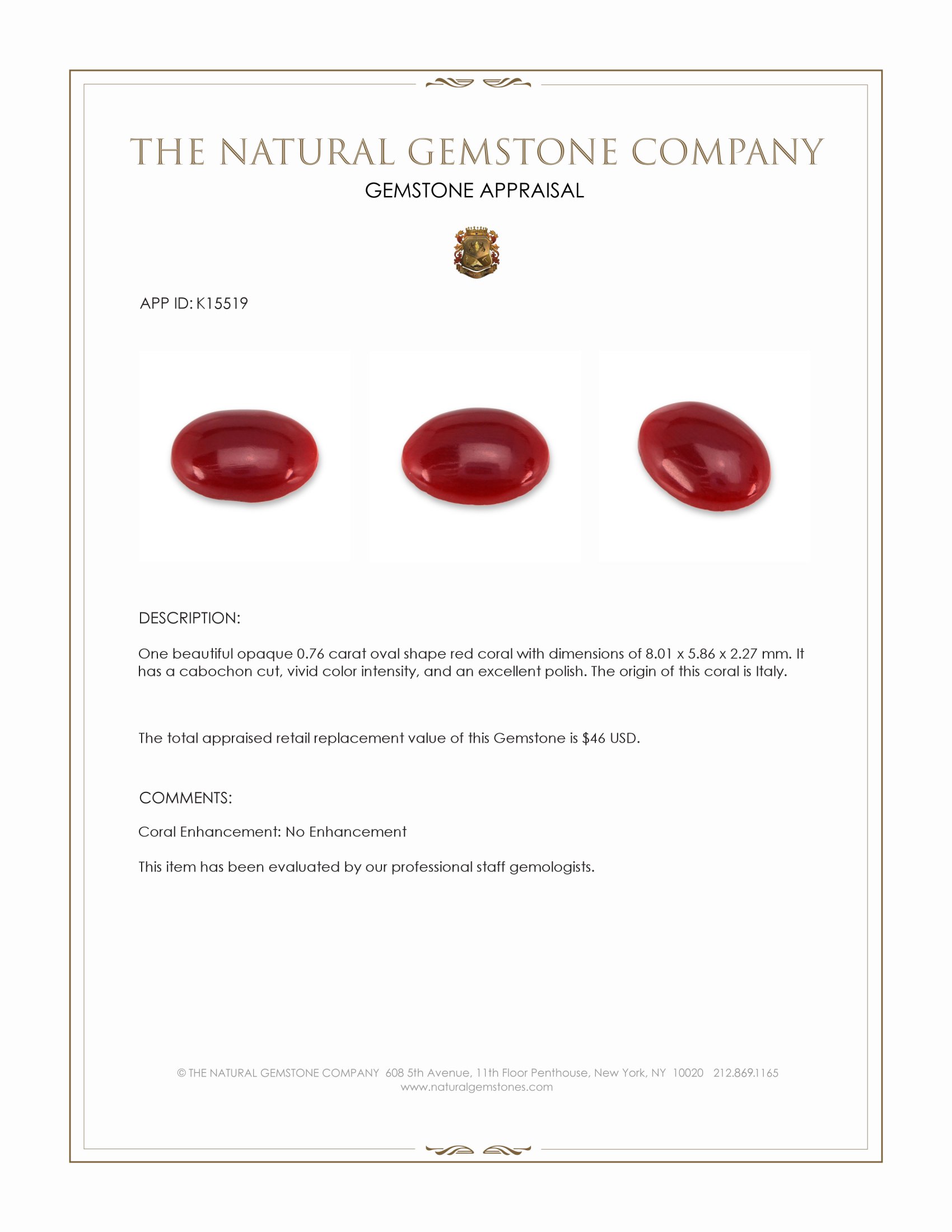 0.90 Ct. Oxblood (Red) Cabochon Coral from Italy