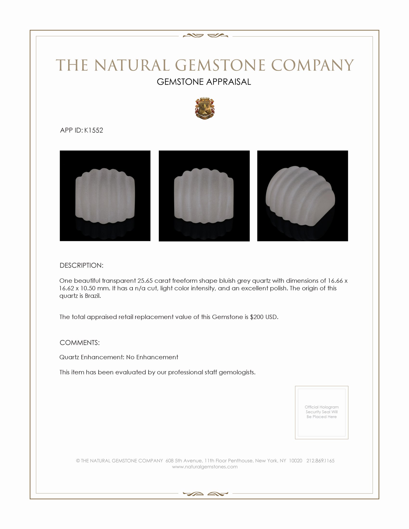 25.65 Ct. Bluish Grey Quartz from Brazil