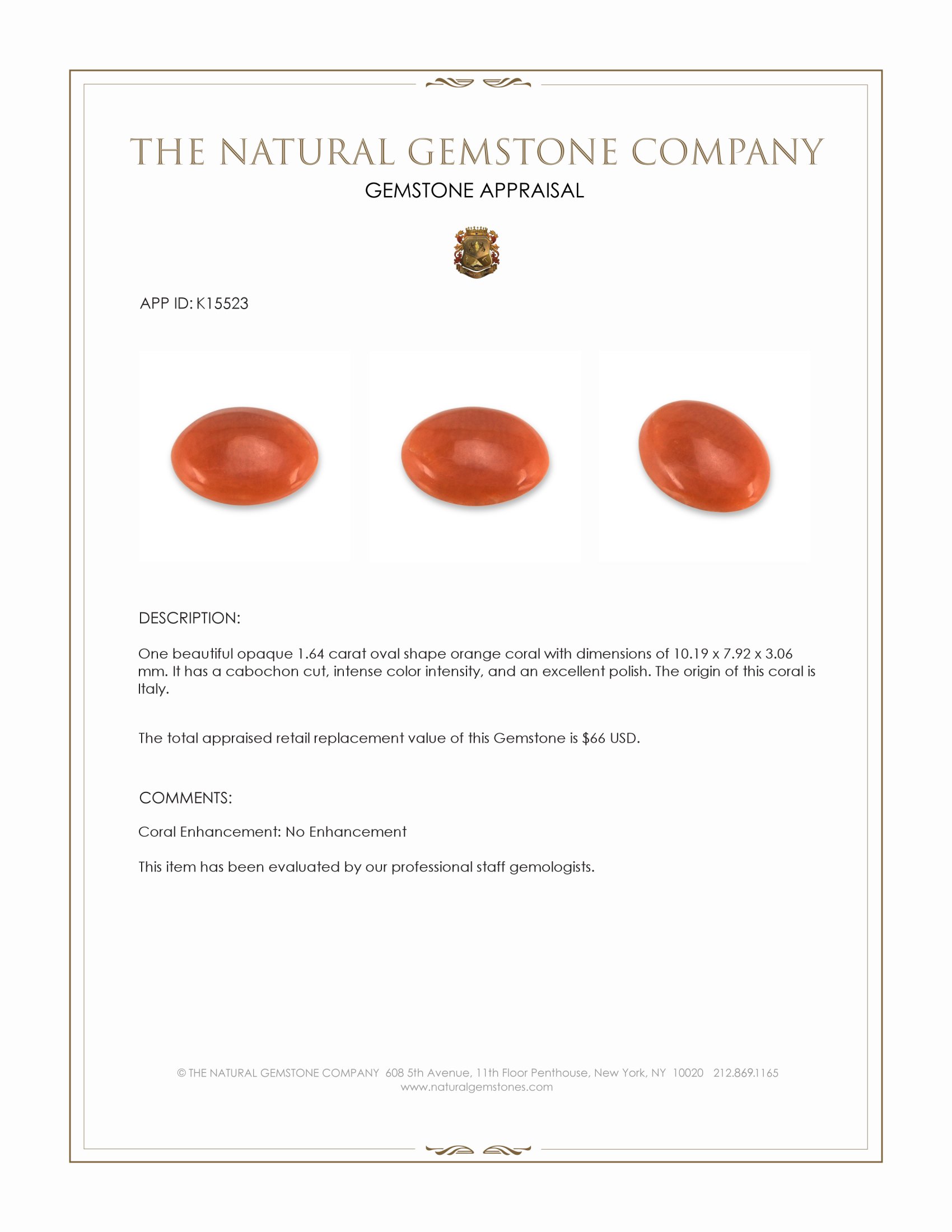 1.64 Ct. Salmon (Orange) Cabochon Coral from Italy