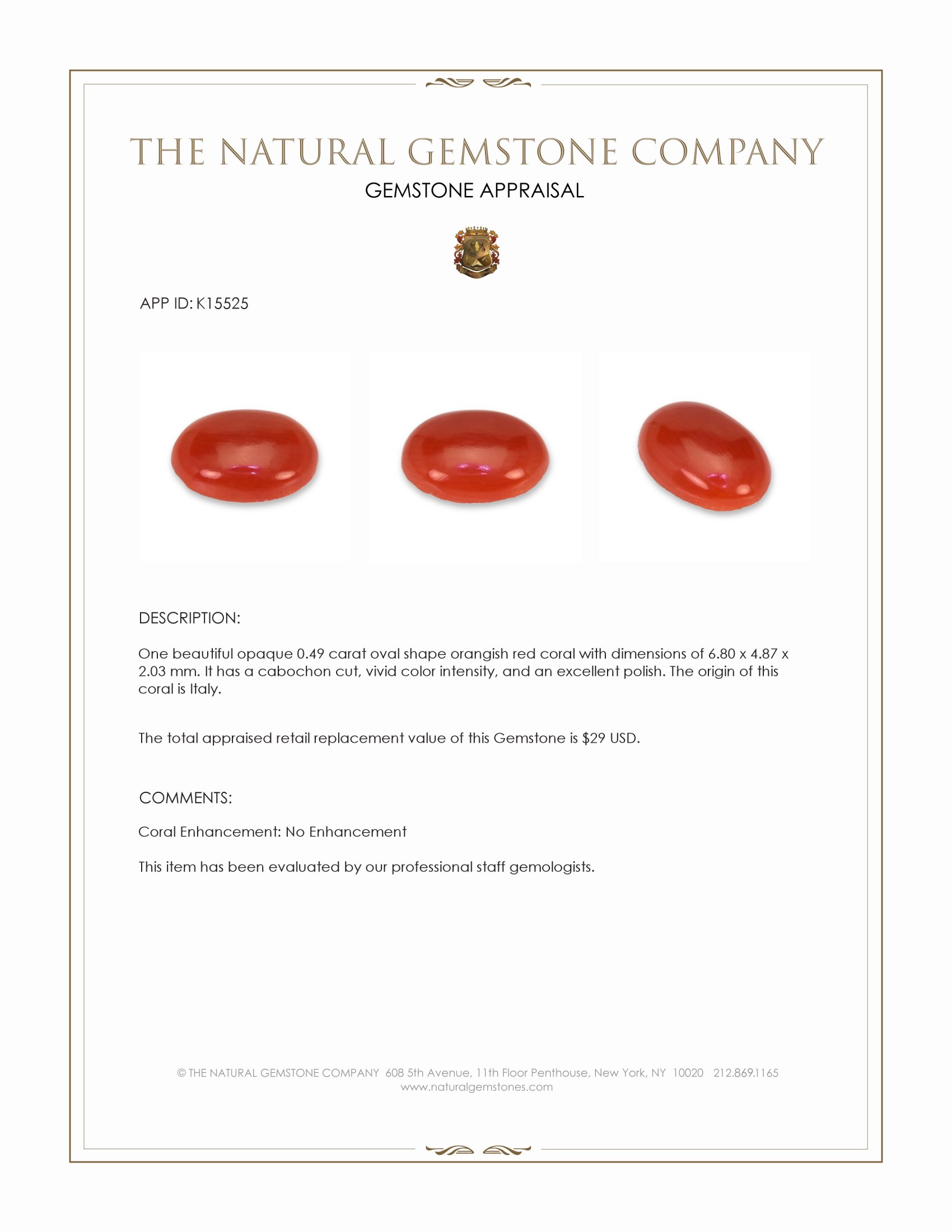0.49 Ct. Salmon (Orangish Red) Cabochon Coral from Italy